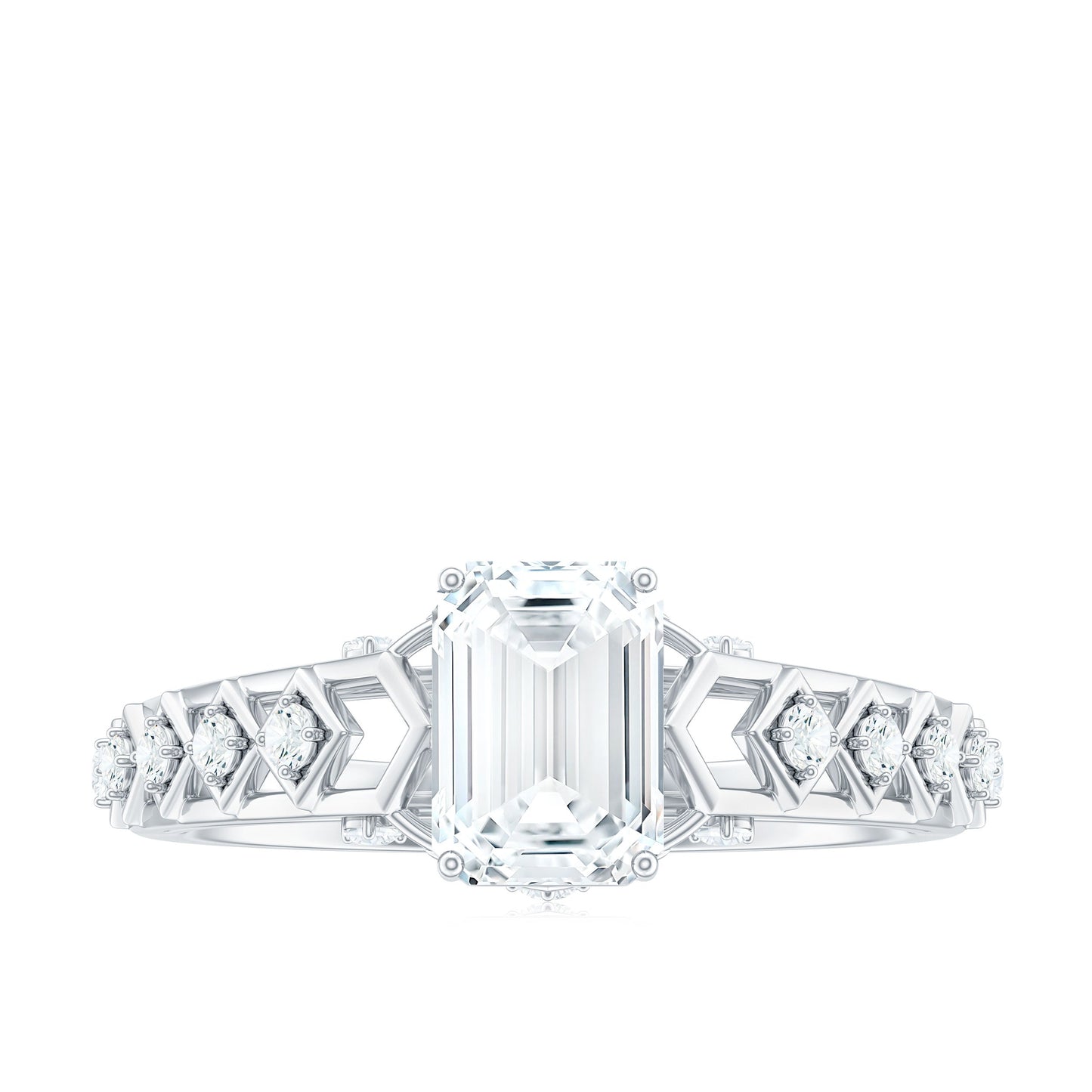6X8 MM Emerald Cut Moissanite Solitaire Engagement Ring with Side Stones