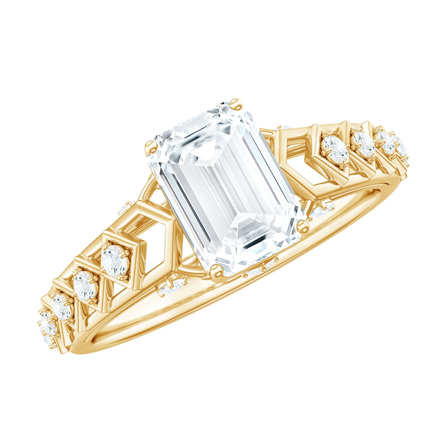 6X8 MM Emerald Cut Moissanite Solitaire Engagement Ring with Side Stones