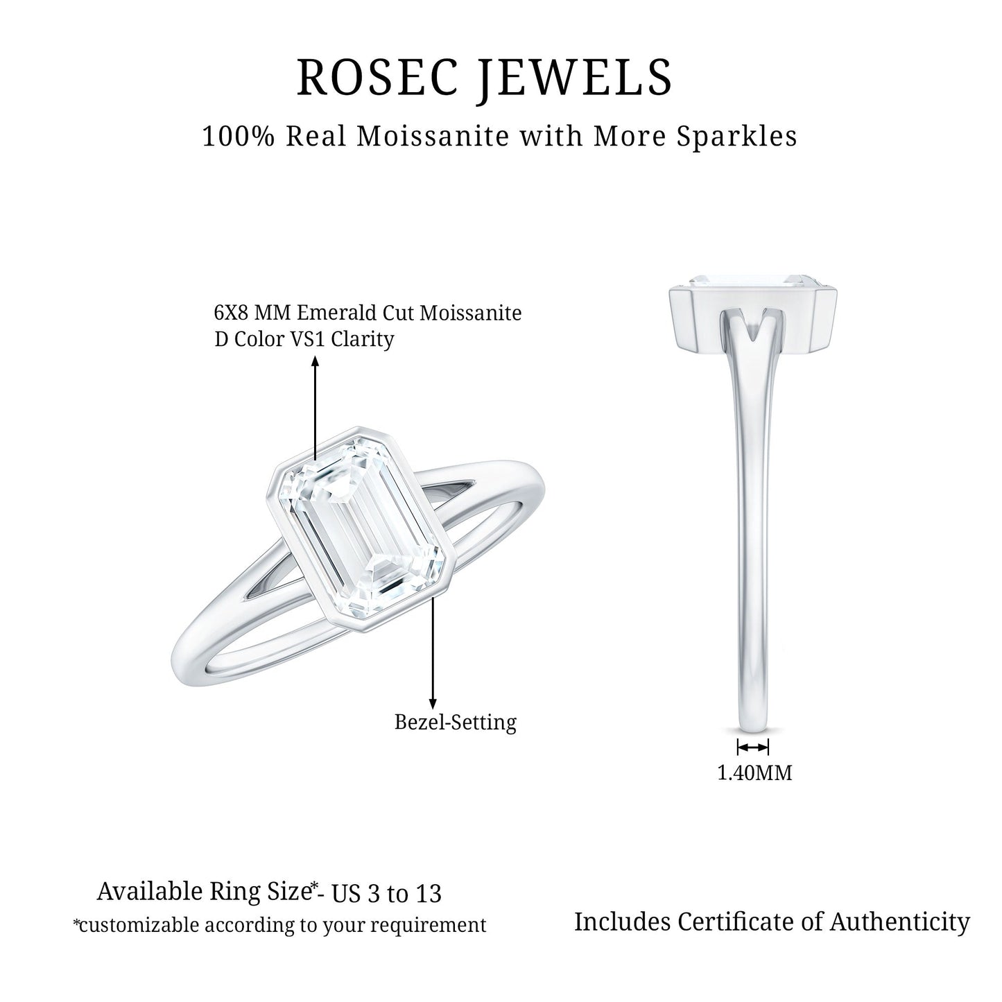 6X8mm Emerald Cut Moissanite Bezel Set Engagement Ring with Split Shank