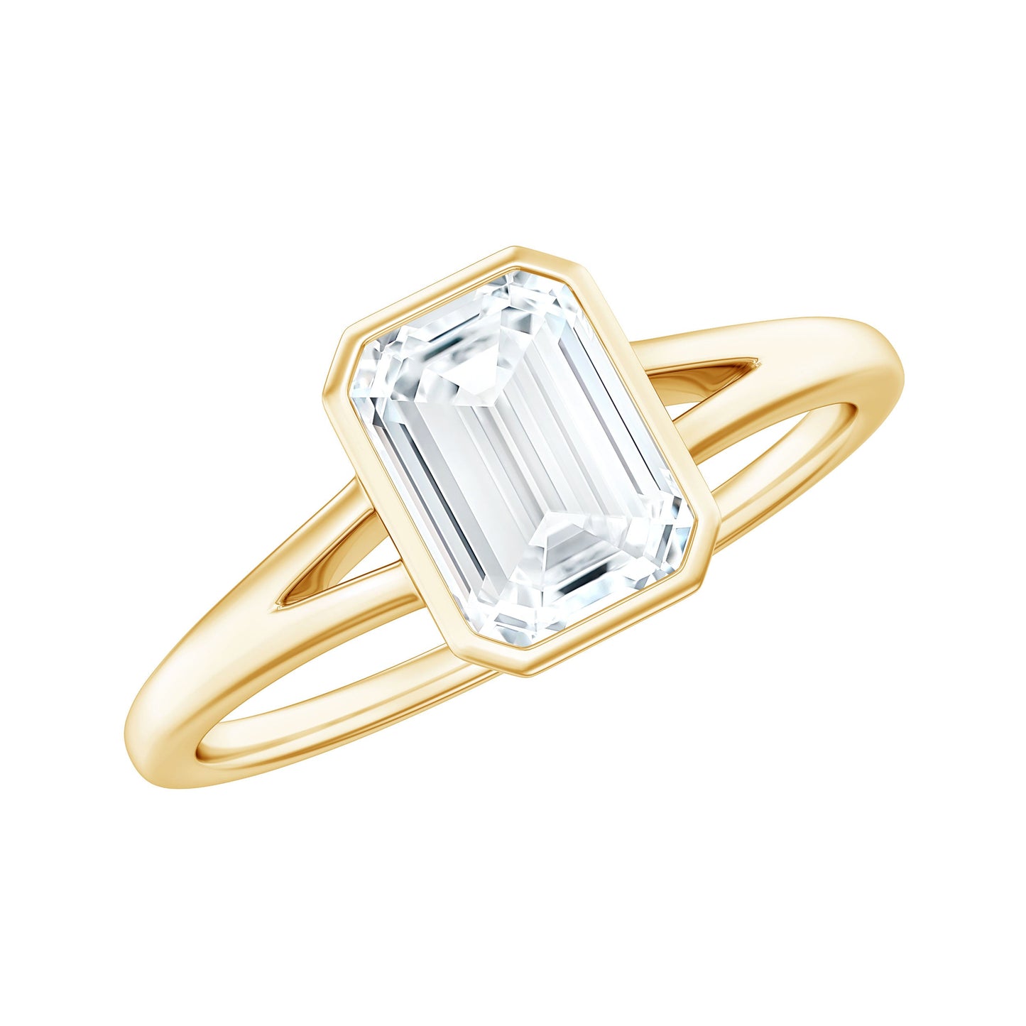 6X8mm Emerald Cut Moissanite Bezel Set Engagement Ring with Split Shank