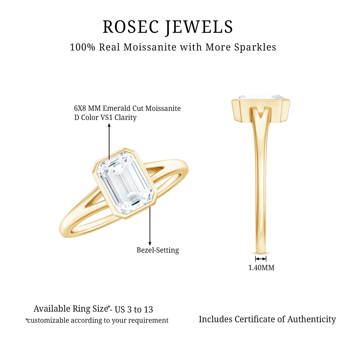 6X8mm Emerald Cut Moissanite Bezel Set Engagement Ring with Split Shank
