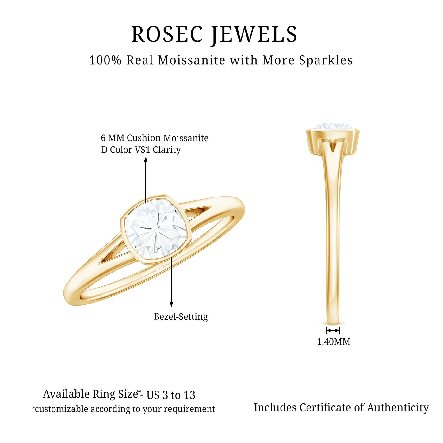 6mm Cushion Cut Moissanite Solitaire Split Shank Ring