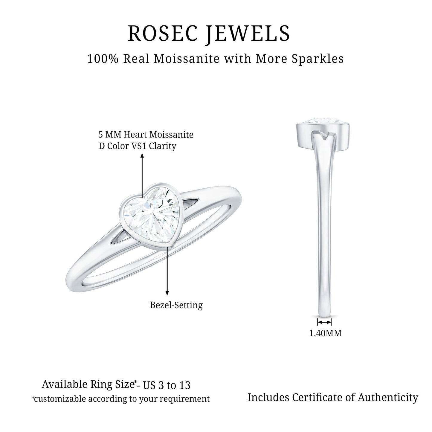 5mm Heart Shape Moissanite Solitaire Ring with Split Shank