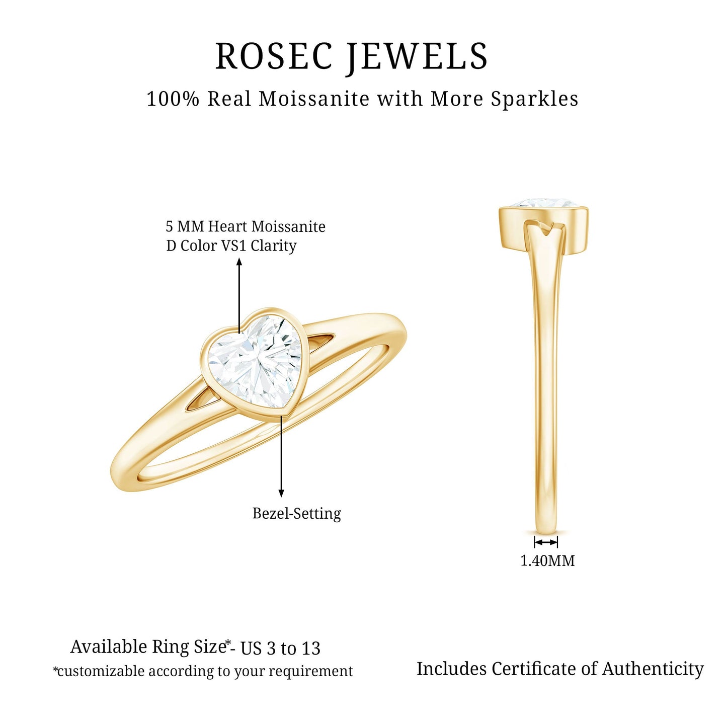 5mm Heart Shape Moissanite Solitaire Ring with Split Shank