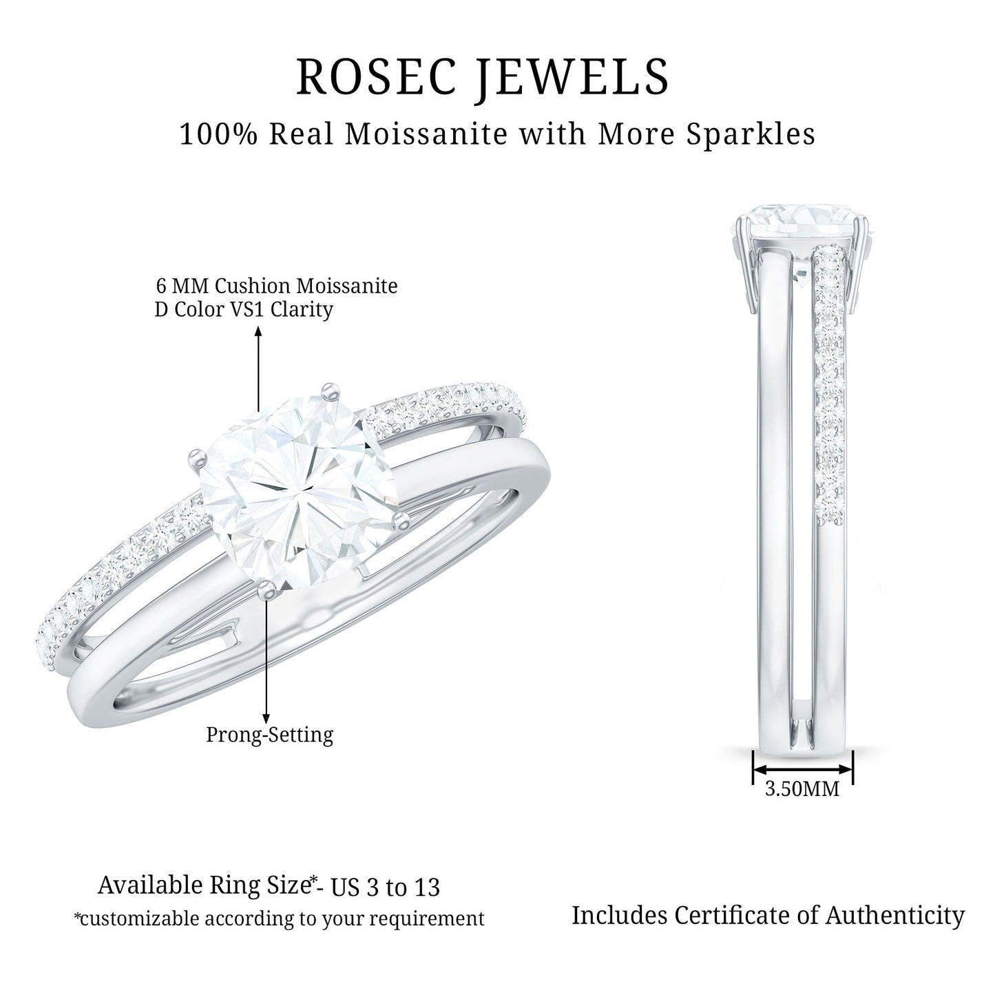 6X6 MM Certified Moissanite Solitaire Double Band Engagement Ring
