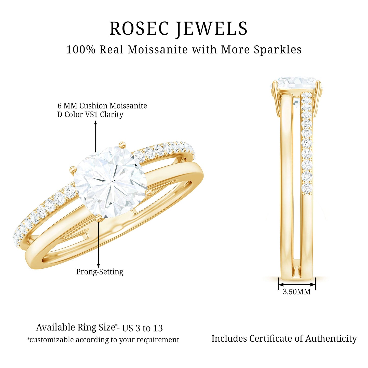 6X6 MM Certified Moissanite Solitaire Double Band Engagement Ring