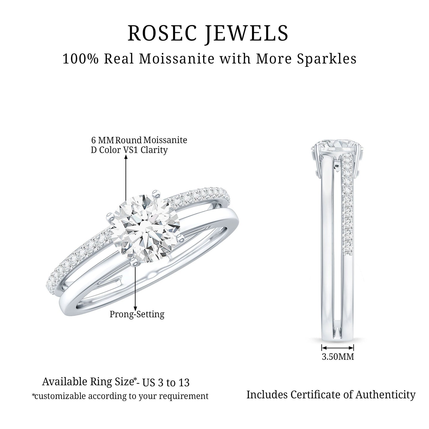 6 mm Round Moissanite Double Band Engagement Ring
