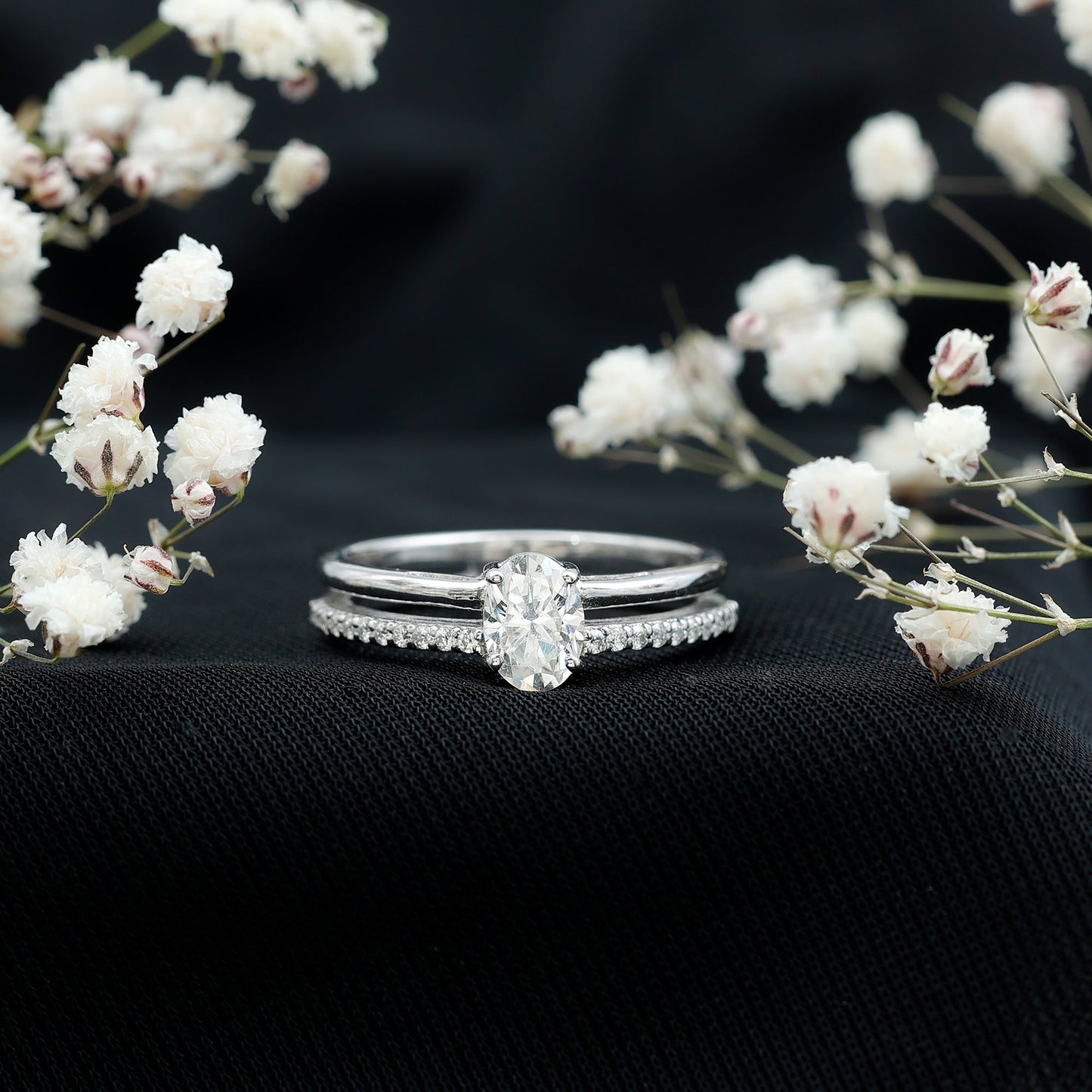 Oval Cut Solitaire Moissanite Double Band Engagement Ring