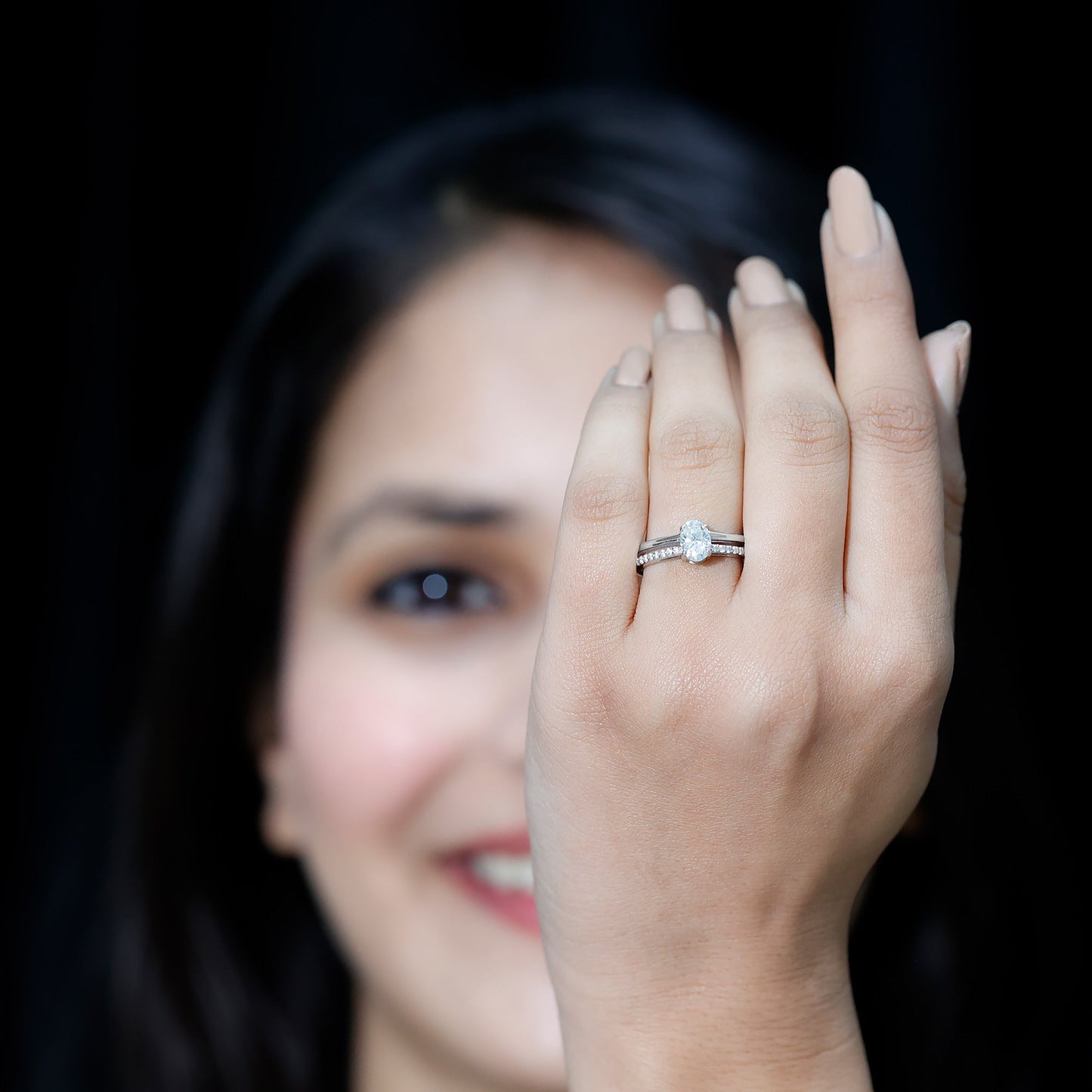 Oval Cut Solitaire Moissanite Double Band Engagement Ring
