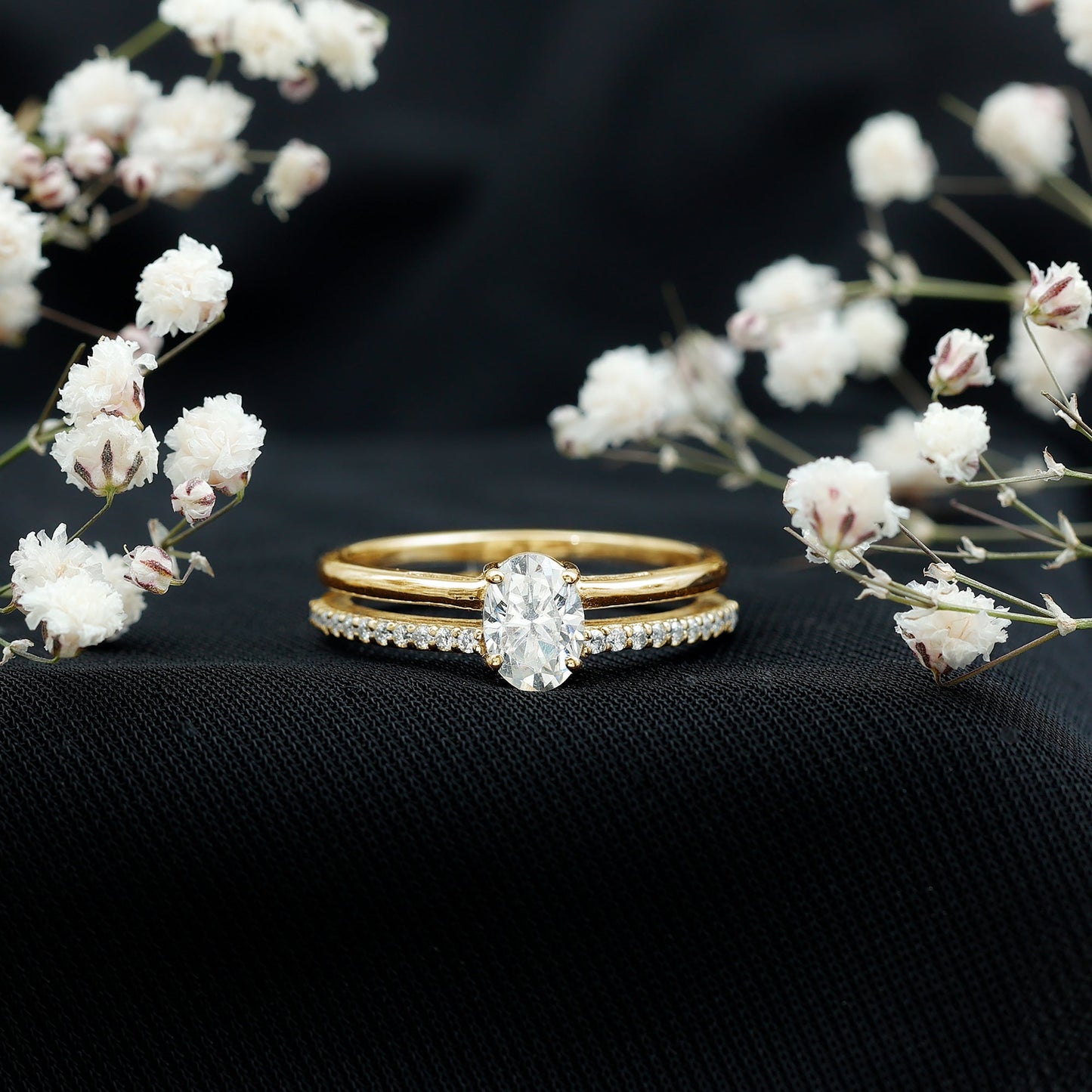 Oval Cut Solitaire Moissanite Double Band Engagement Ring