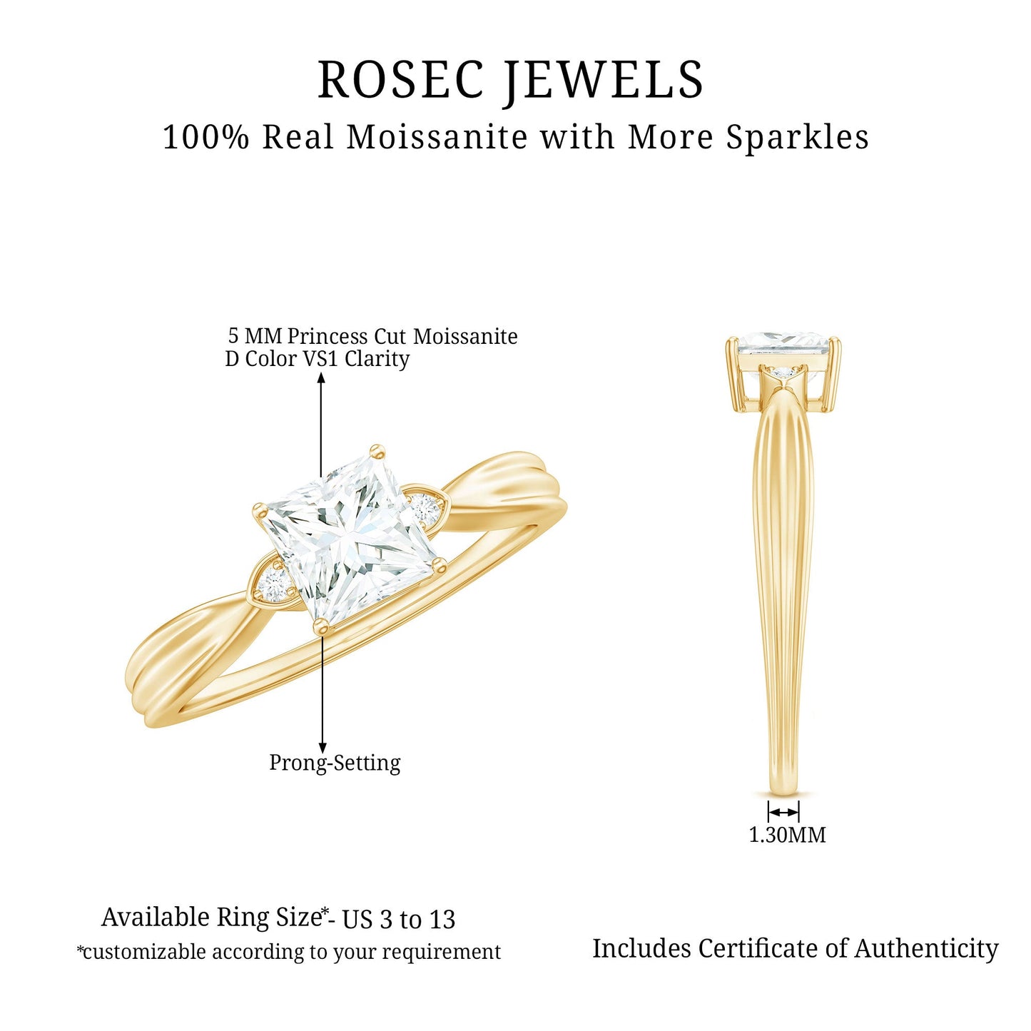 5MM Princess Cut Moissanite Solitaire Promise Ring for Her