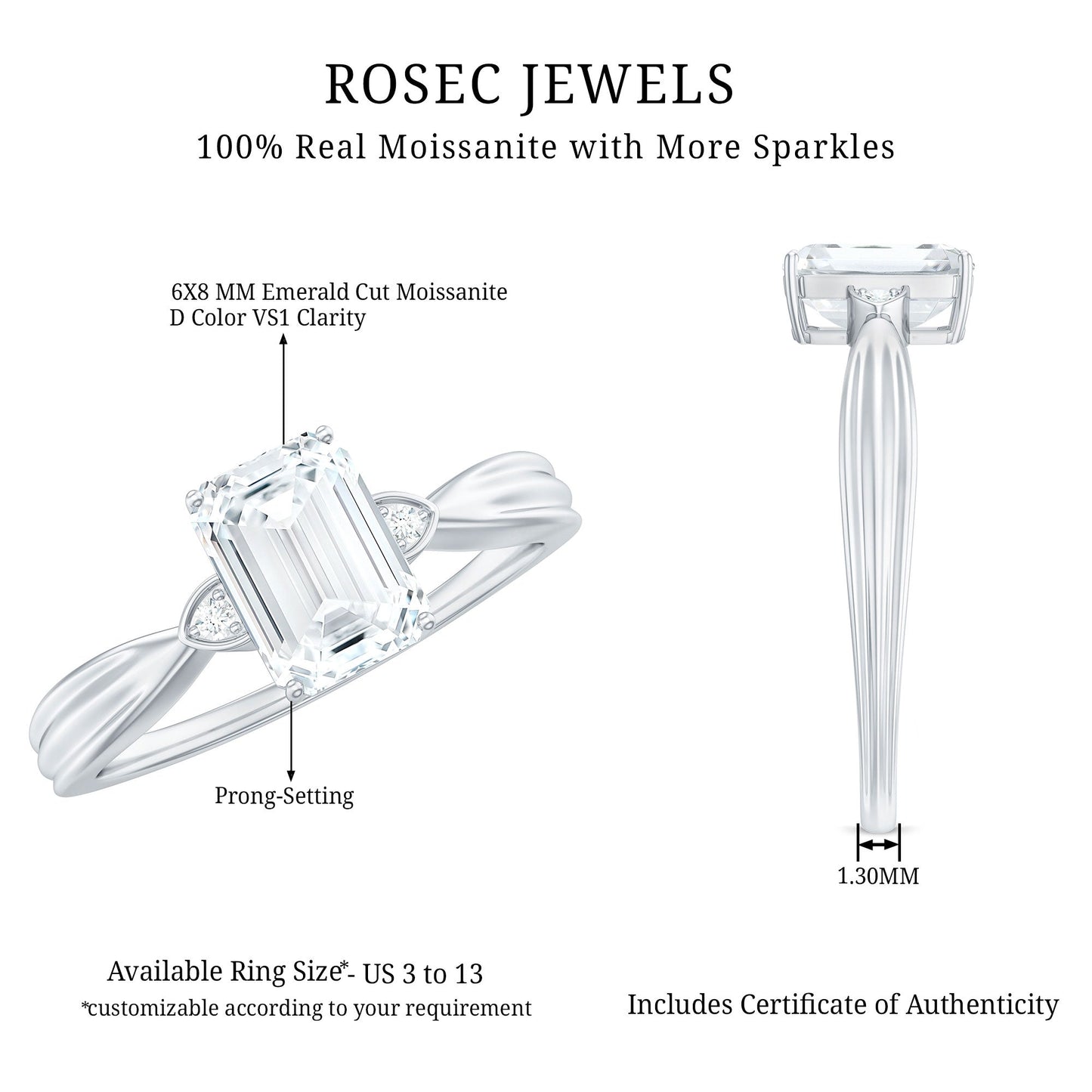 6x8mm Emerald Cut Certified Moissanite Engagement Ring for Women
