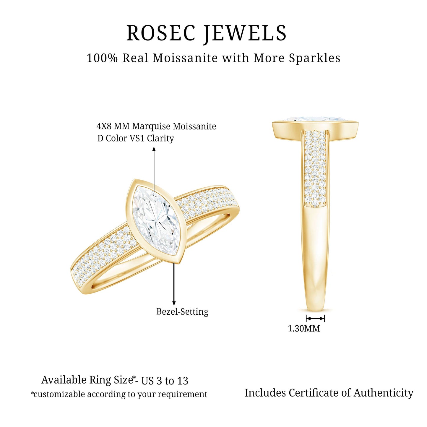 4x8mm Marquise Cut Moissanite Engagement Ring in Bezel Setting
