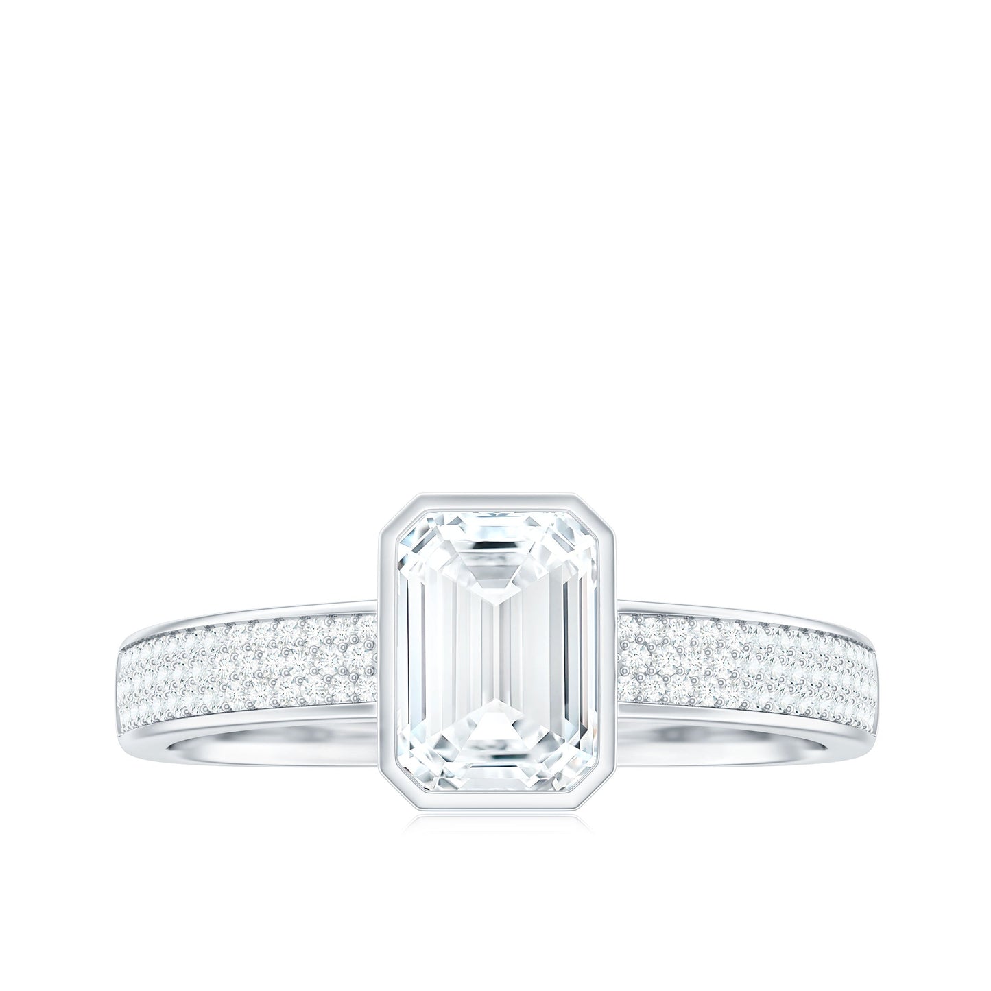 6X8mm Emerald Cut Moissanite Bezel Set Engagement Ring with Side Stones
