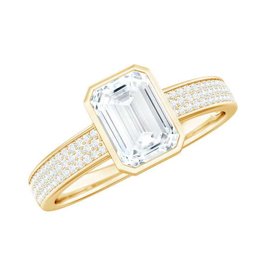 6X8mm Emerald Cut Moissanite Bezel Set Engagement Ring with Side Stones