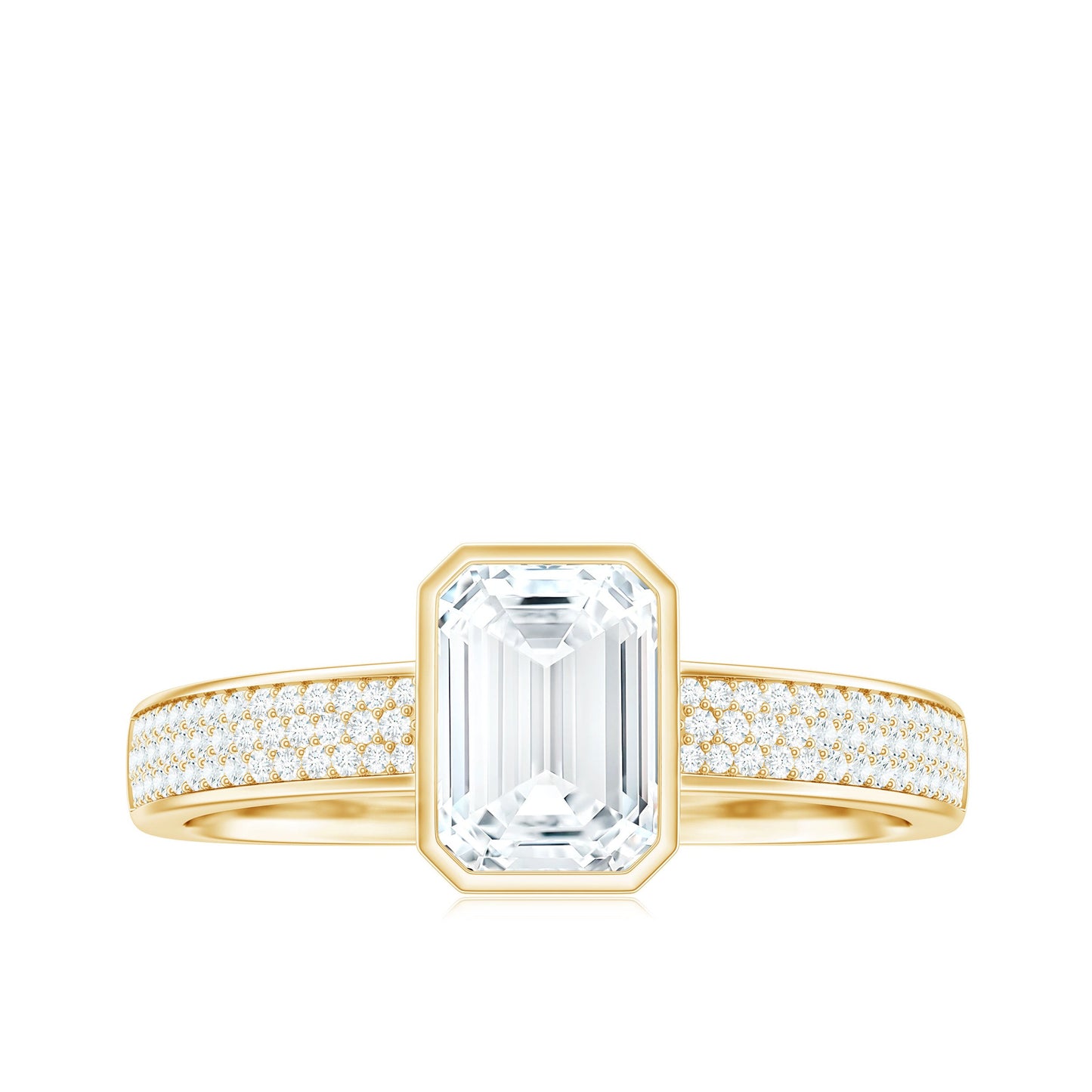 6X8mm Emerald Cut Moissanite Bezel Set Engagement Ring with Side Stones