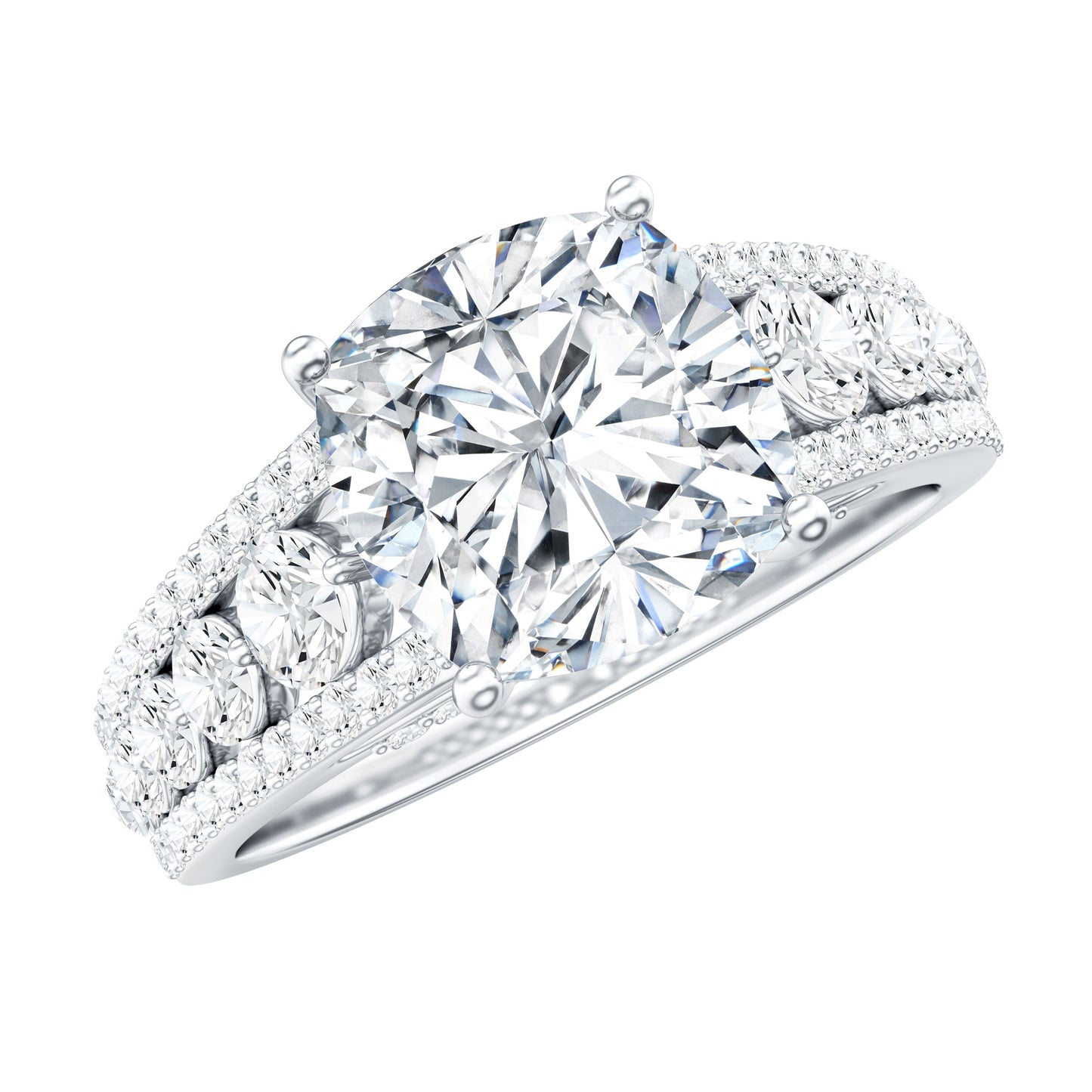 8 MM Cushion Cut Moissanite Engagement Ring with Side Stones
