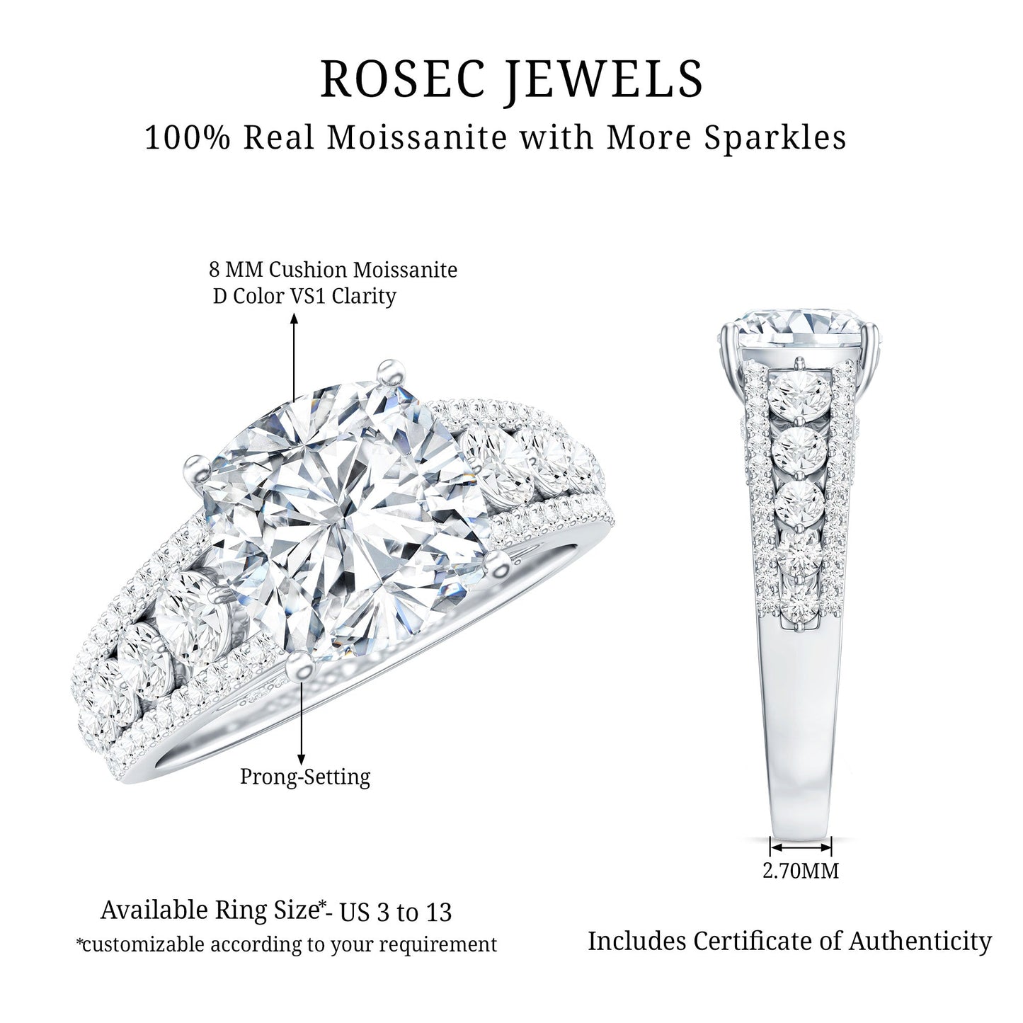 8 MM Cushion Cut Moissanite Engagement Ring with Side Stones