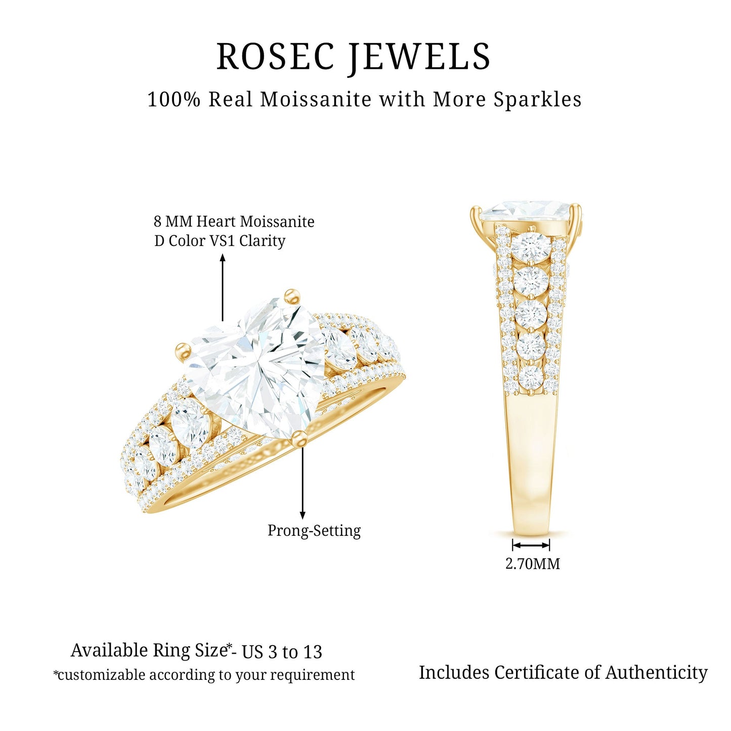 8 mm Heart Moissanite Solitaire Statement Ring With Side Stones