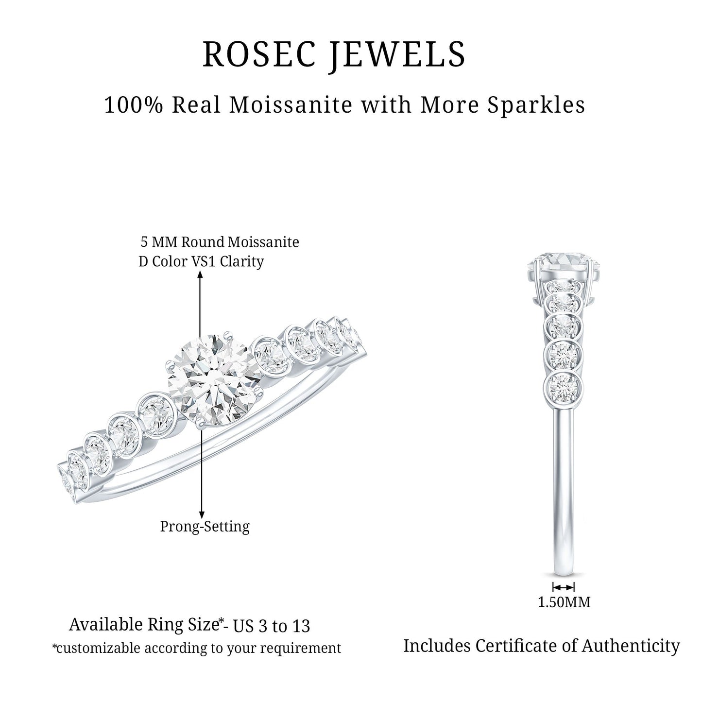 Certified 5 MM Round Moissanite Engagement Ring with Side Stones