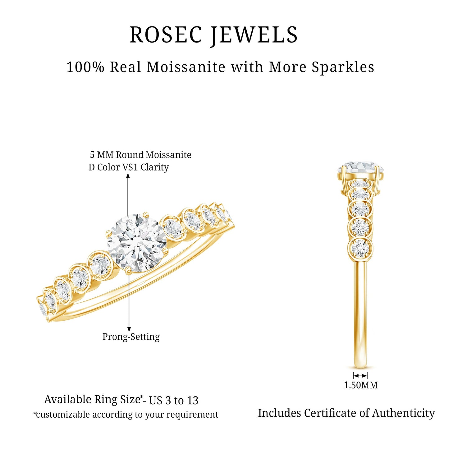 Certified 5 MM Round Moissanite Engagement Ring with Side Stones