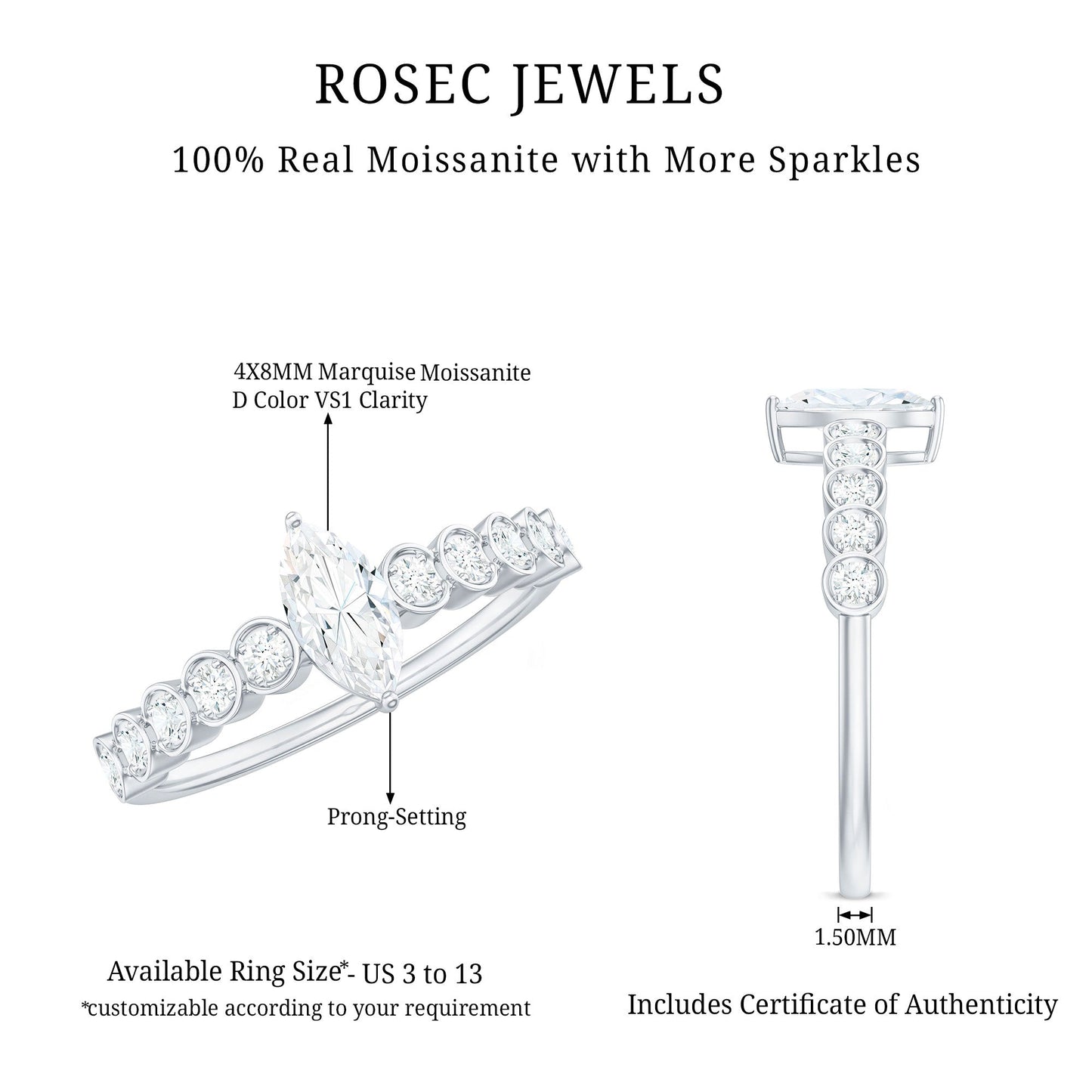 4X8mm Marquise Cut Moissanite Solitaire Engagement Ring with Side Stones