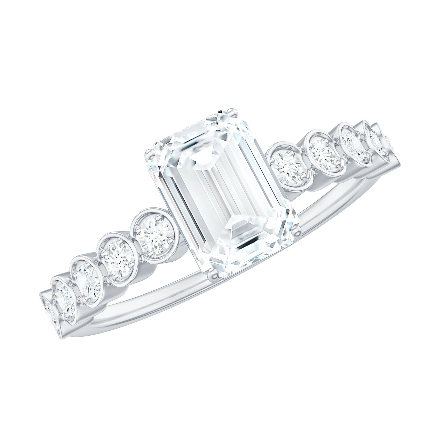 Certified Emerald Cut Moissanite Solitaire Engagement Ring with Side Stones