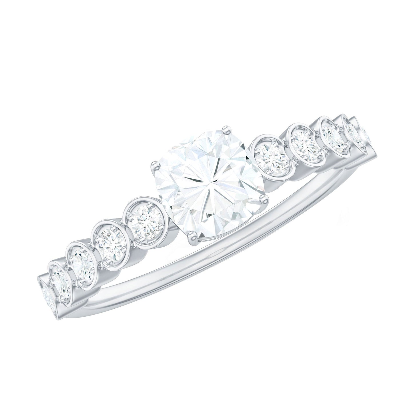 6mm Cushion Cut Moissanite Solitaire Engagement Ring with Side Stones