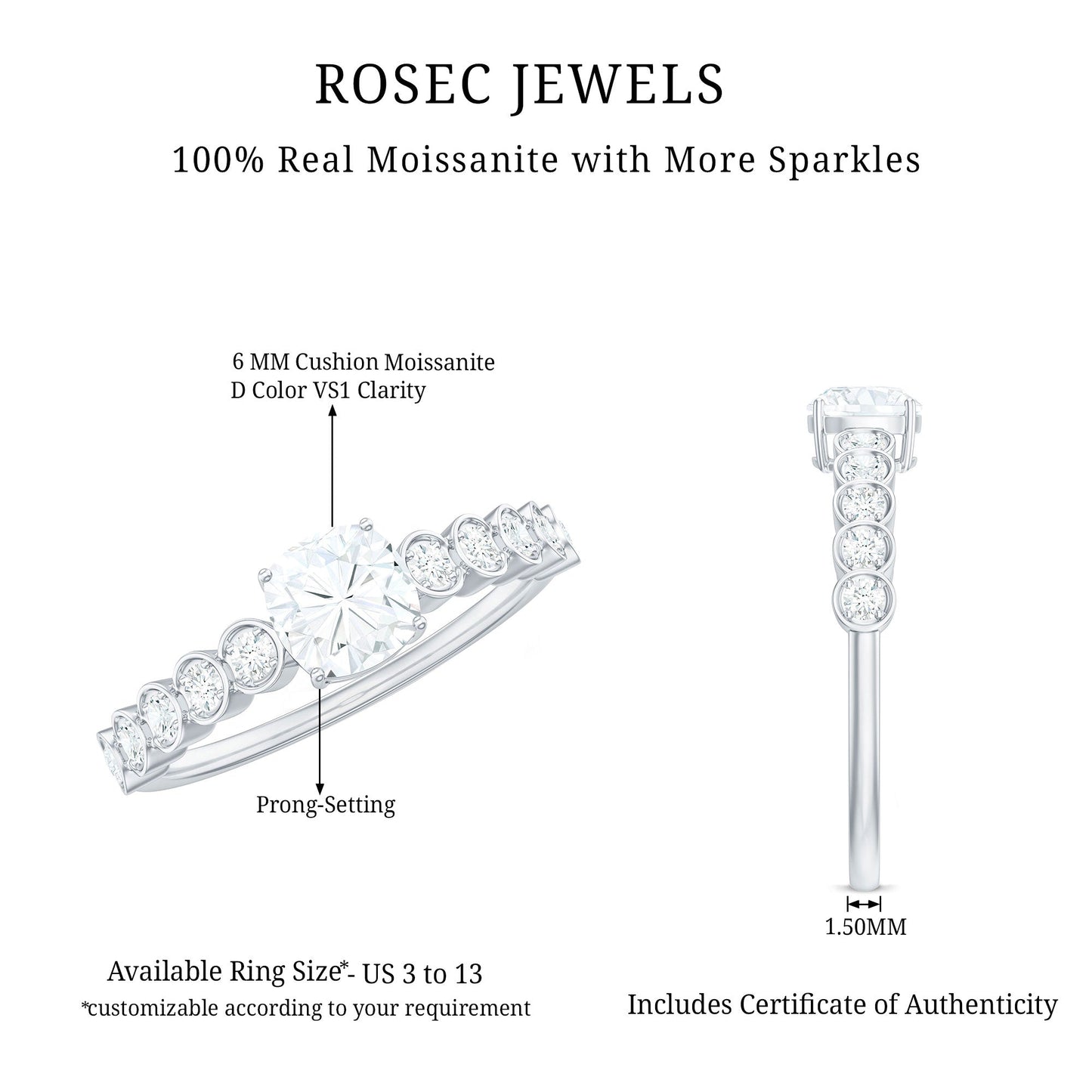 6mm Cushion Cut Moissanite Solitaire Engagement Ring with Side Stones