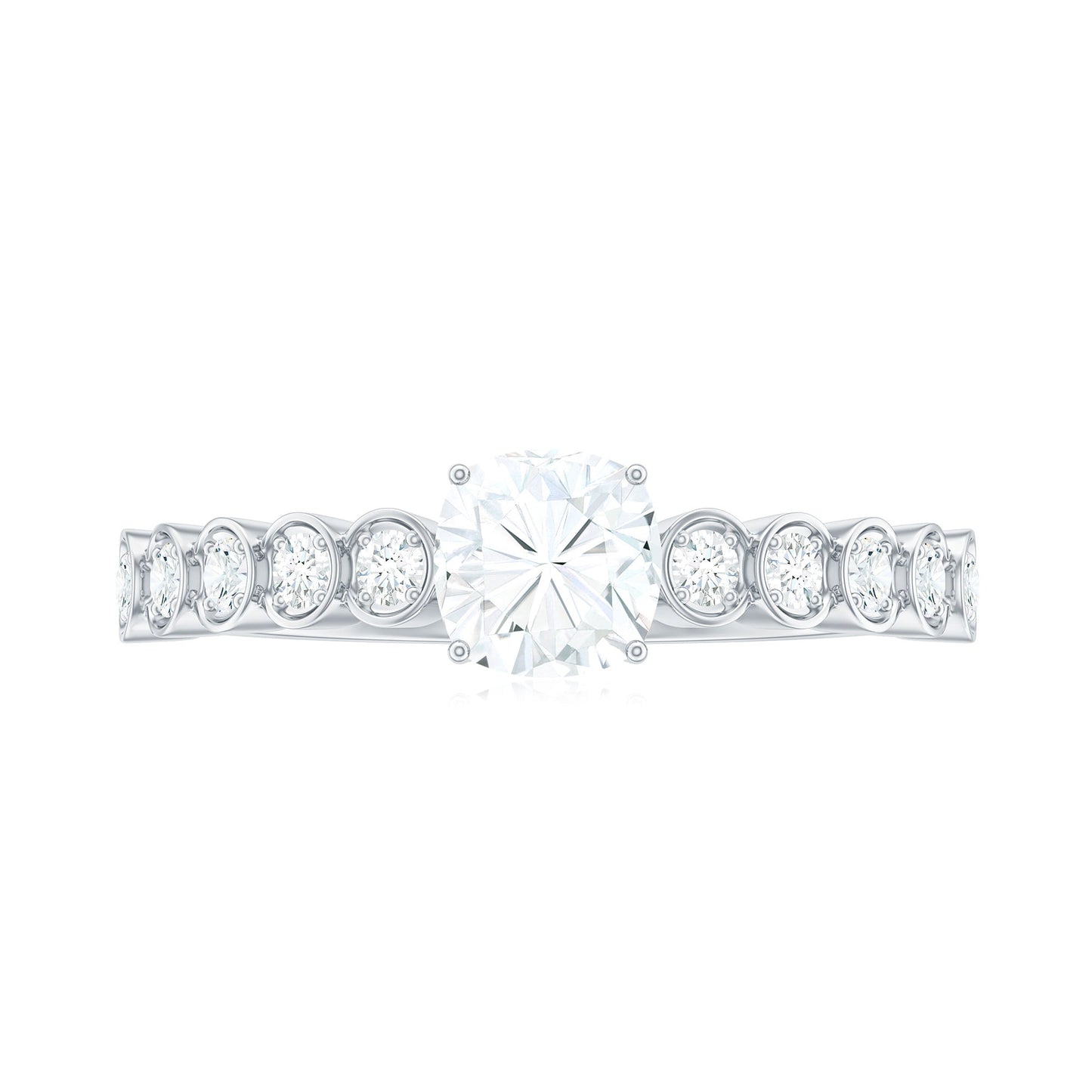 6mm Cushion Cut Moissanite Solitaire Engagement Ring with Side Stones
