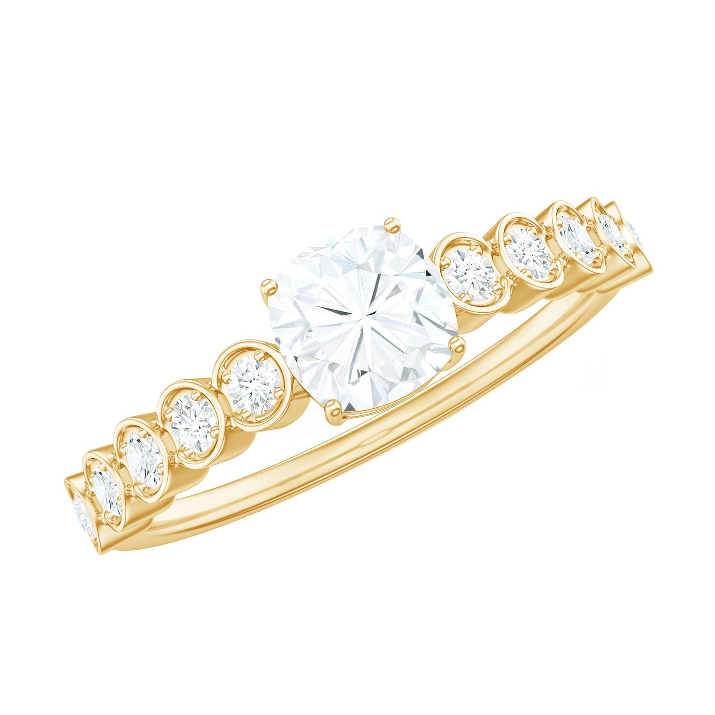 6mm Cushion Cut Moissanite Solitaire Engagement Ring with Side Stones
