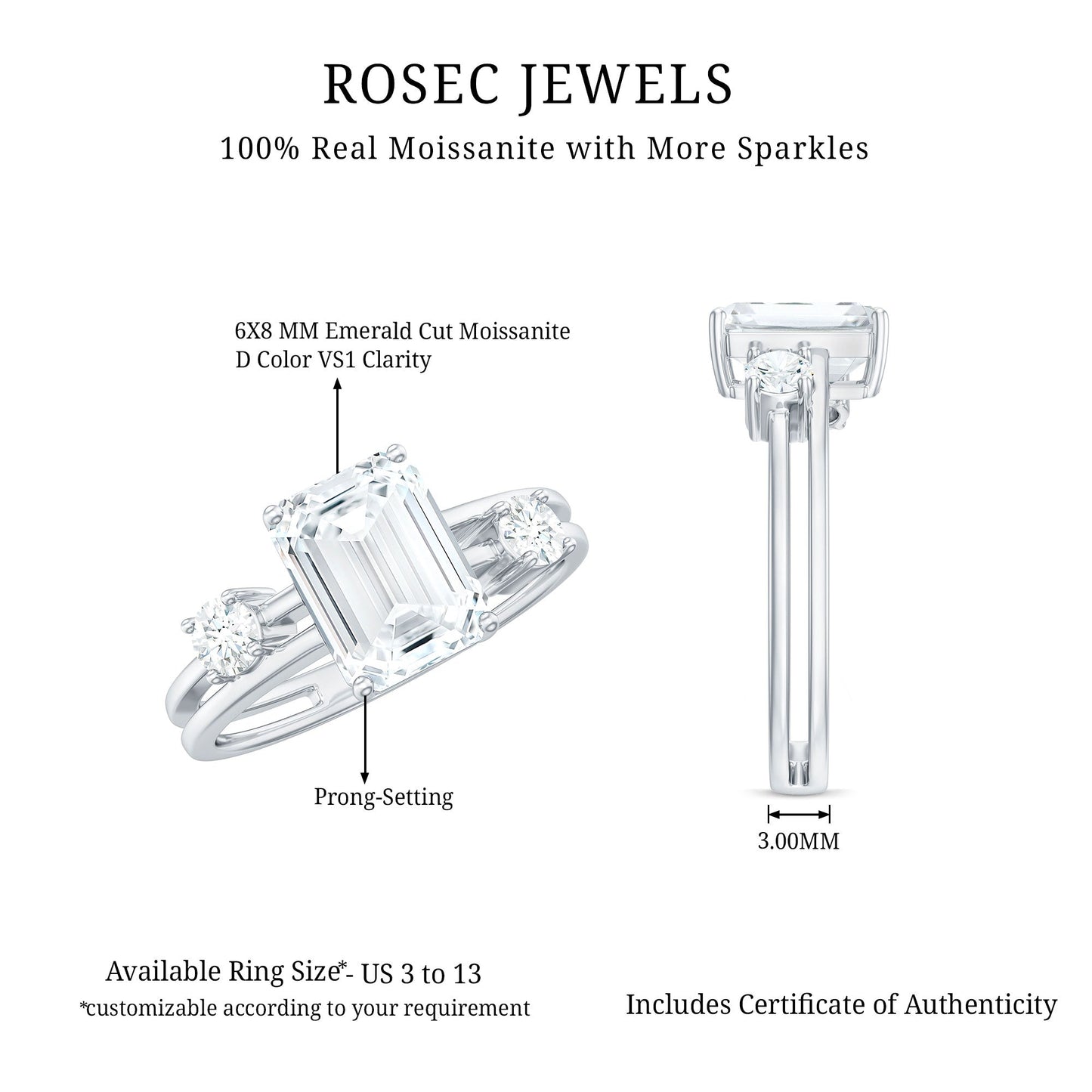 6x8mm Emerald Cut Moissanite Solitaire Double Band Engagement Ring