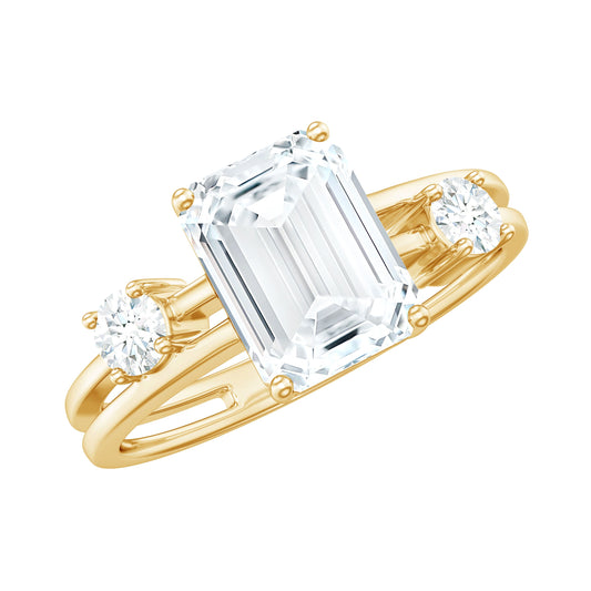 6x8mm Emerald Cut Moissanite Solitaire Double Band Engagement Ring