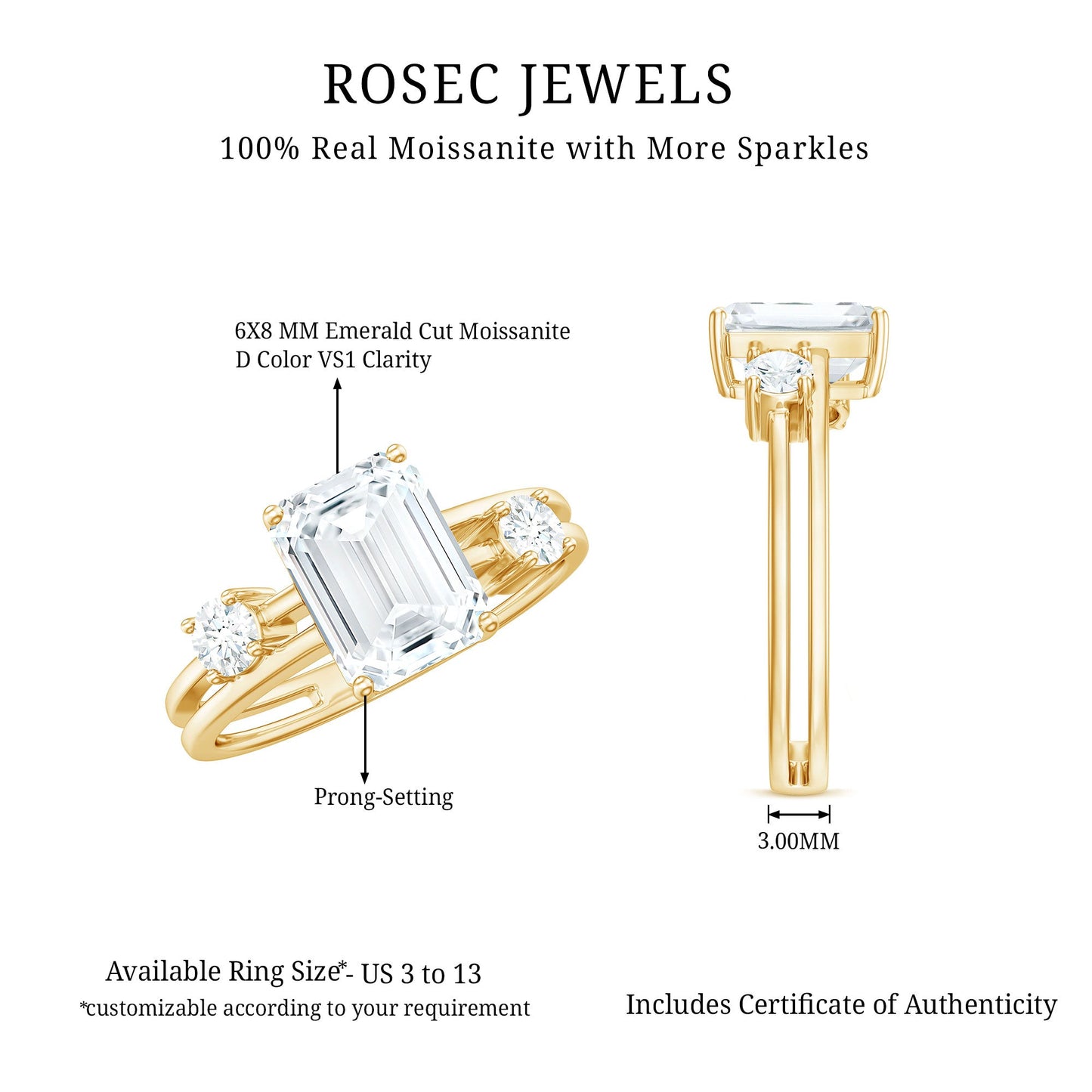 6x8mm Emerald Cut Moissanite Solitaire Double Band Engagement Ring