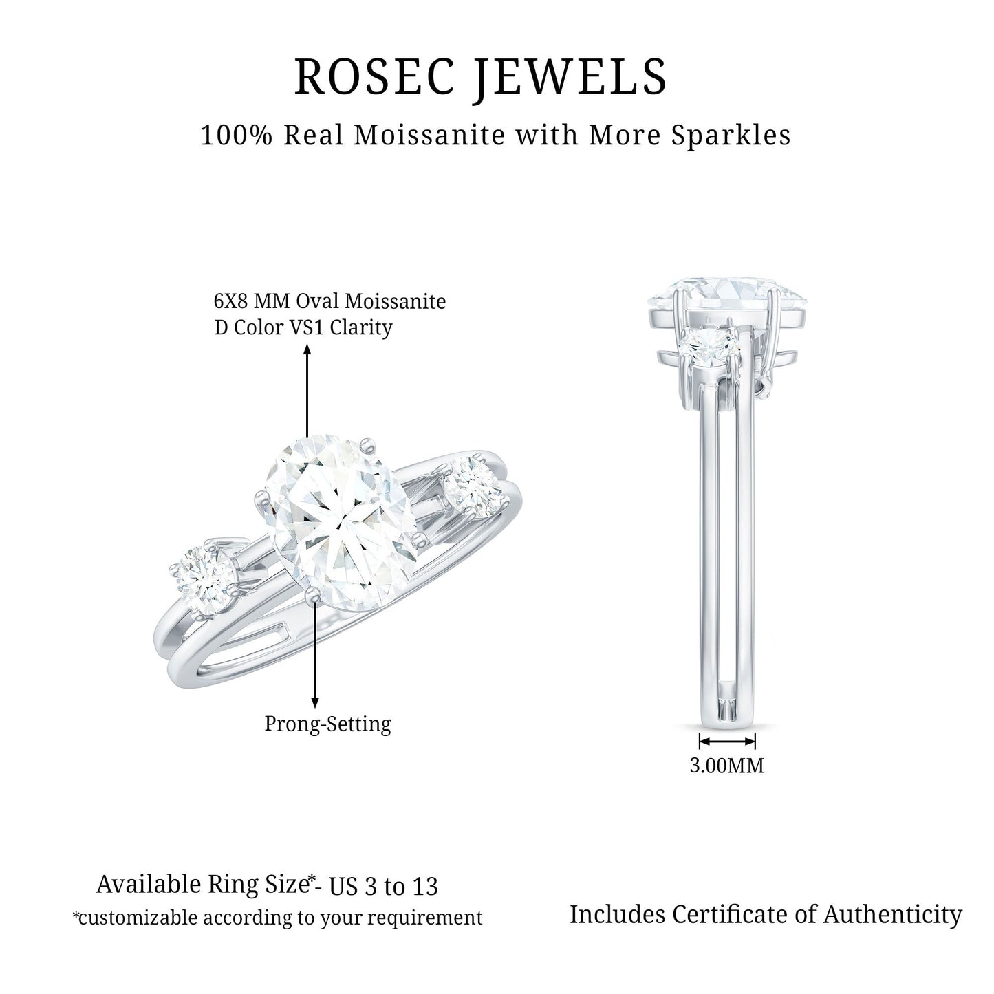 6X8mm Oval Cut Certified Moissanite Solitaire Engagement Ring