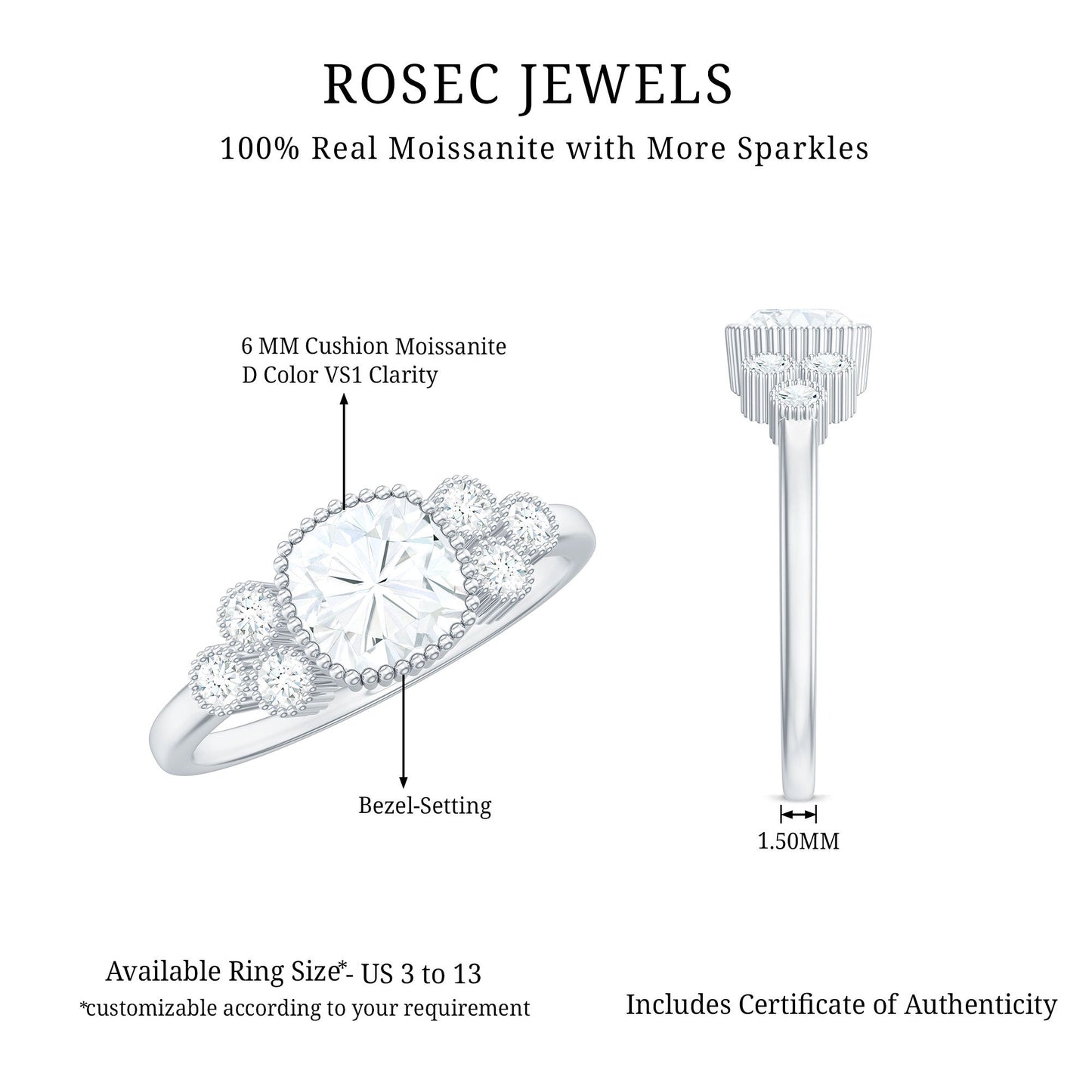 6mm Cushion Cut Moissanite Engagement Ring with Cluster Accent