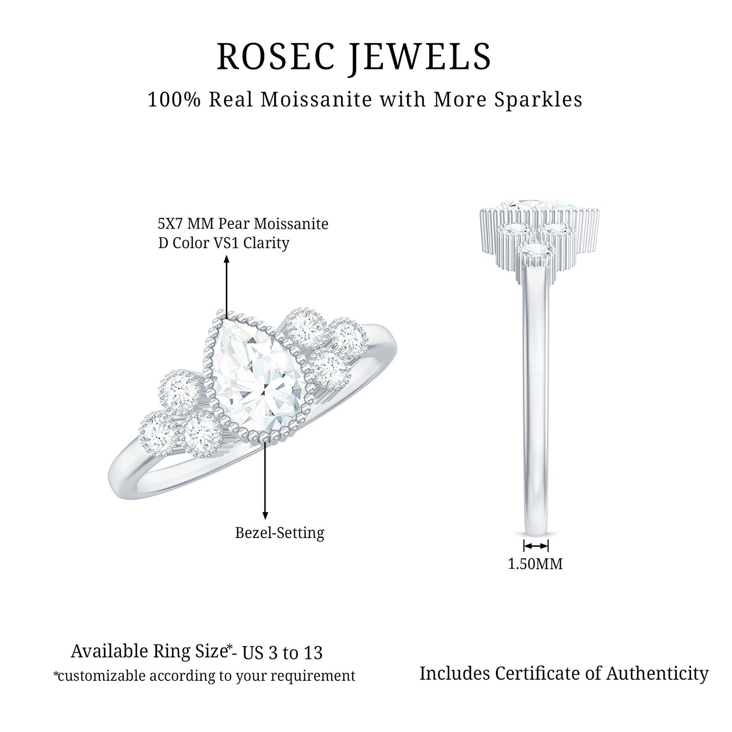 5X7mm Pear Shaped Moissanite Classic Engagement Ring with Beaded Details