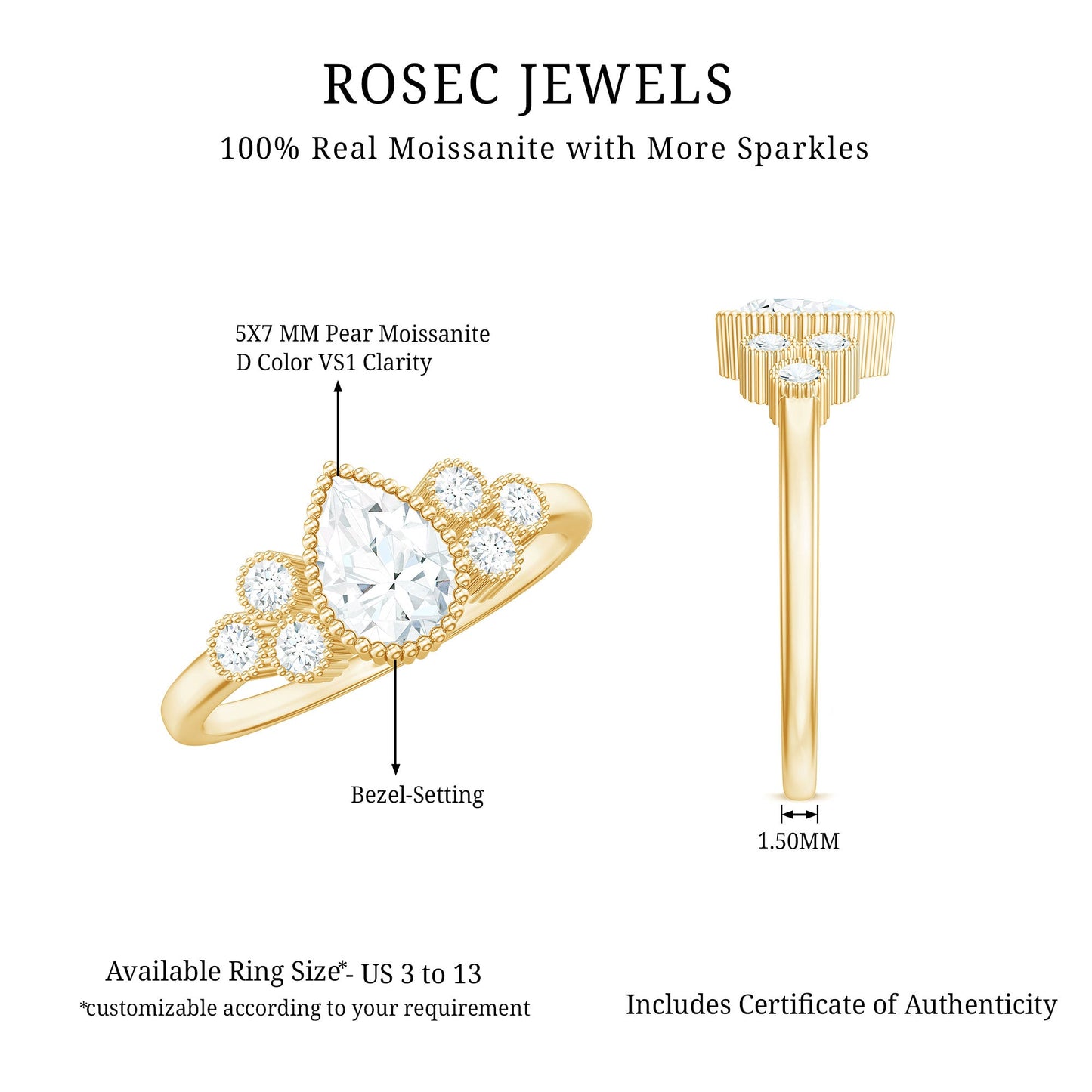 5X7mm Pear Shaped Moissanite Classic Engagement Ring with Beaded Details