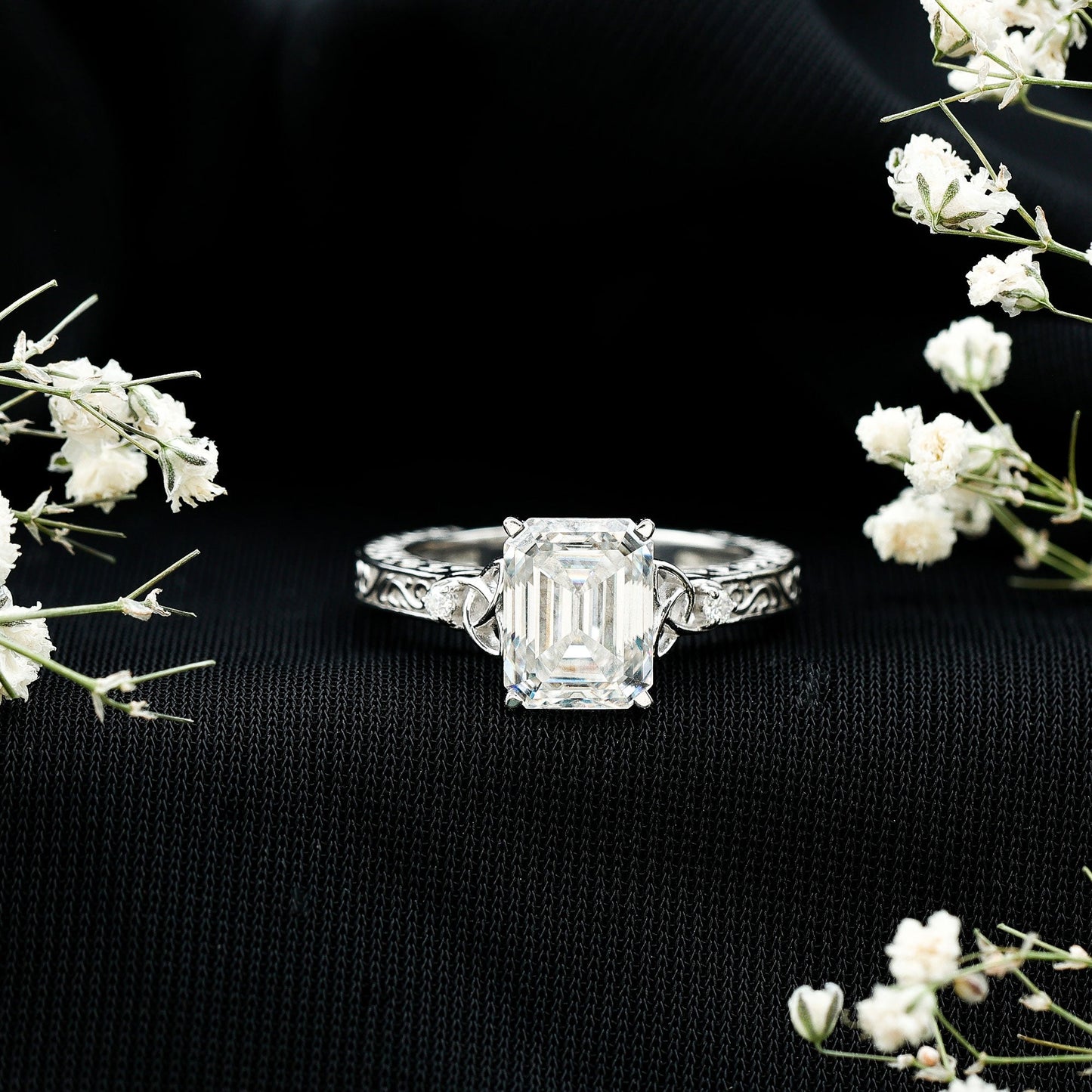 7X9 mm Emerald Cut Moissanite Solitaire Celtic Ring with Engraved Shank