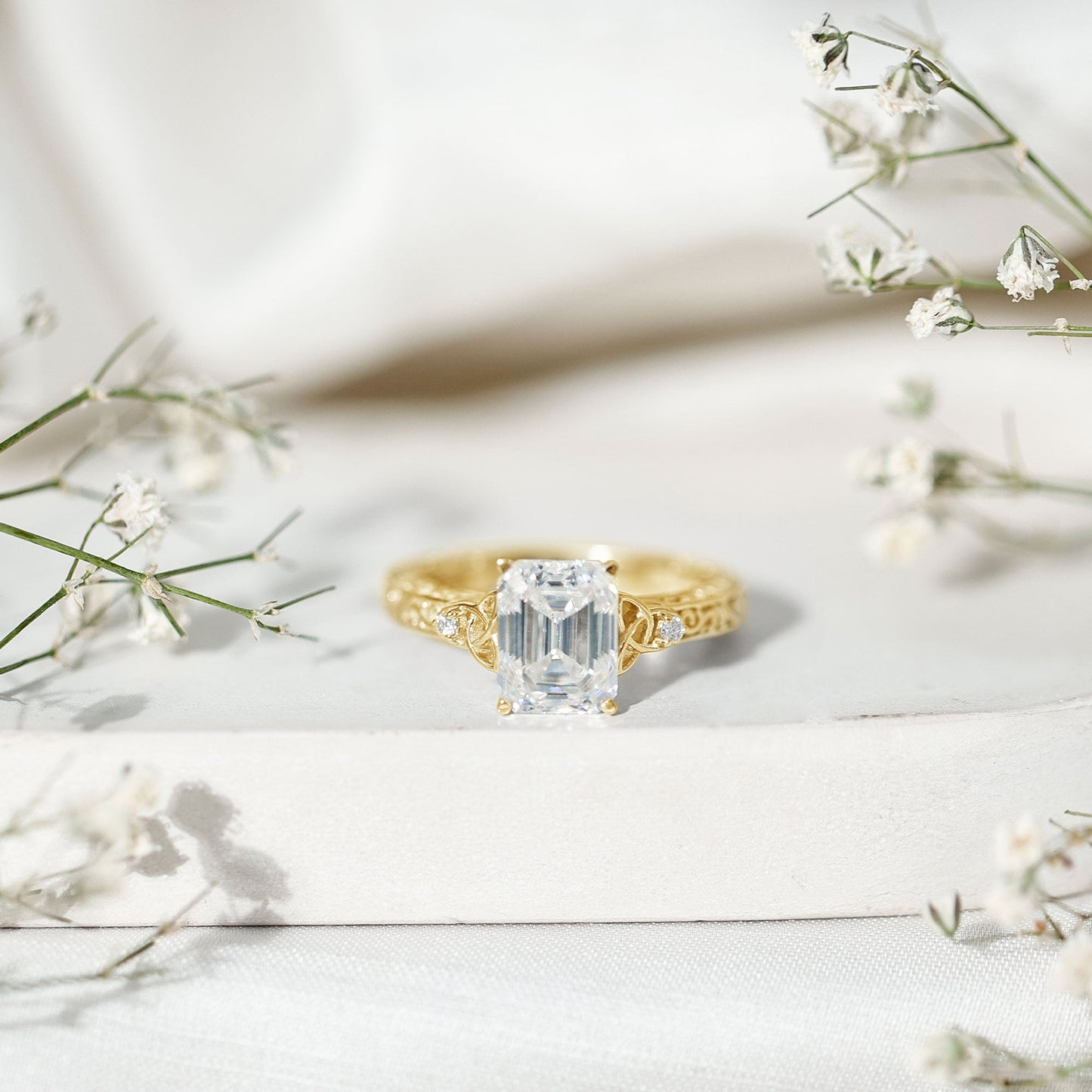 7X9 mm Emerald Cut Moissanite Solitaire Celtic Ring with Engraved Shank