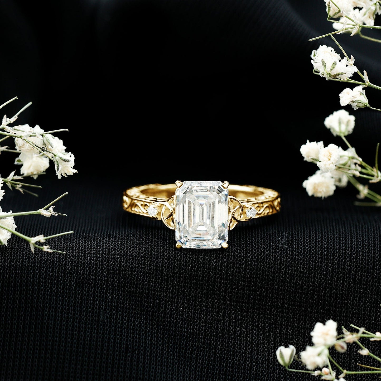 7X9 mm Emerald Cut Moissanite Solitaire Celtic Ring with Engraved Shank