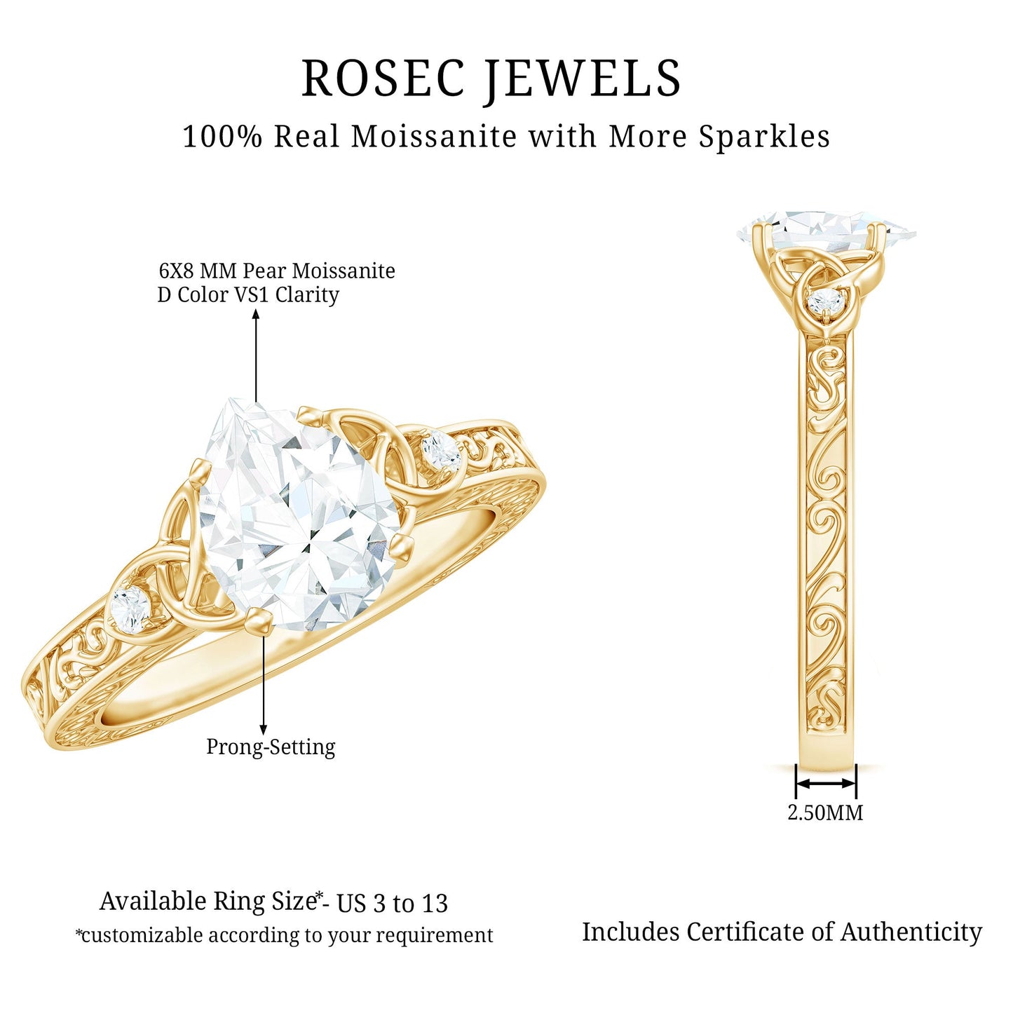 6X8 MM Certified Moissanite Teardrop Solitaire Engagement Ring with Engraved Shank