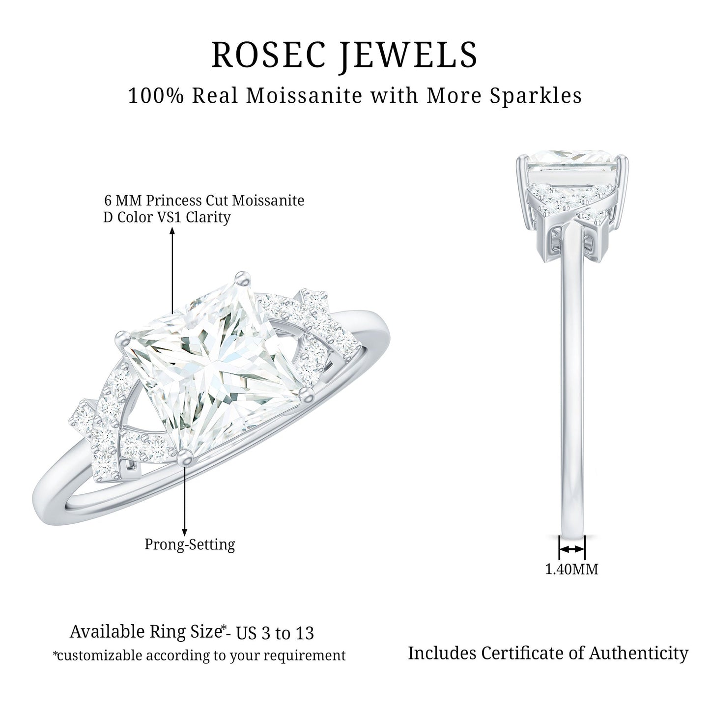 6X8 mm Princess Cut Moissanite Solitaire Engagement Ring