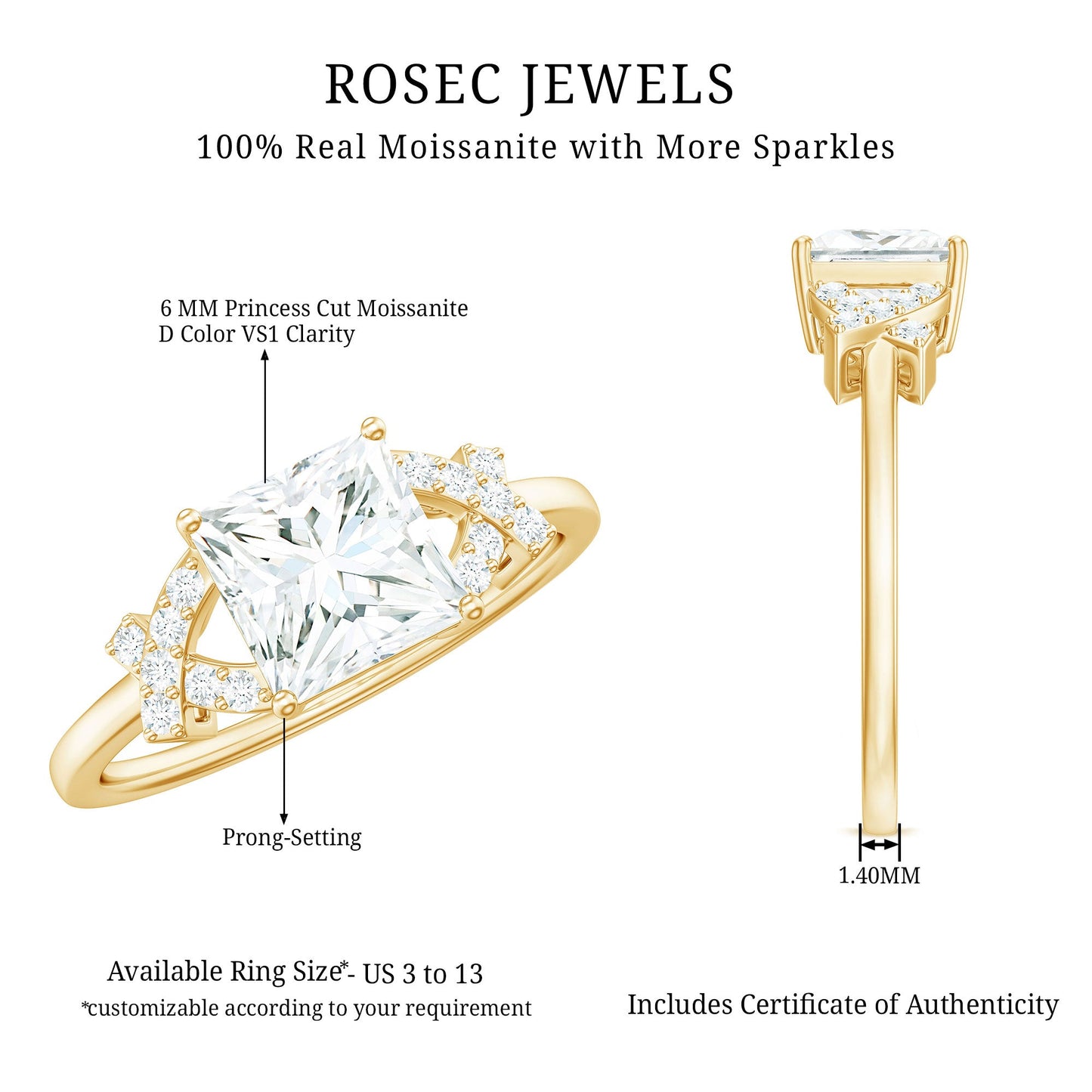 6X8 mm Princess Cut Moissanite Solitaire Engagement Ring