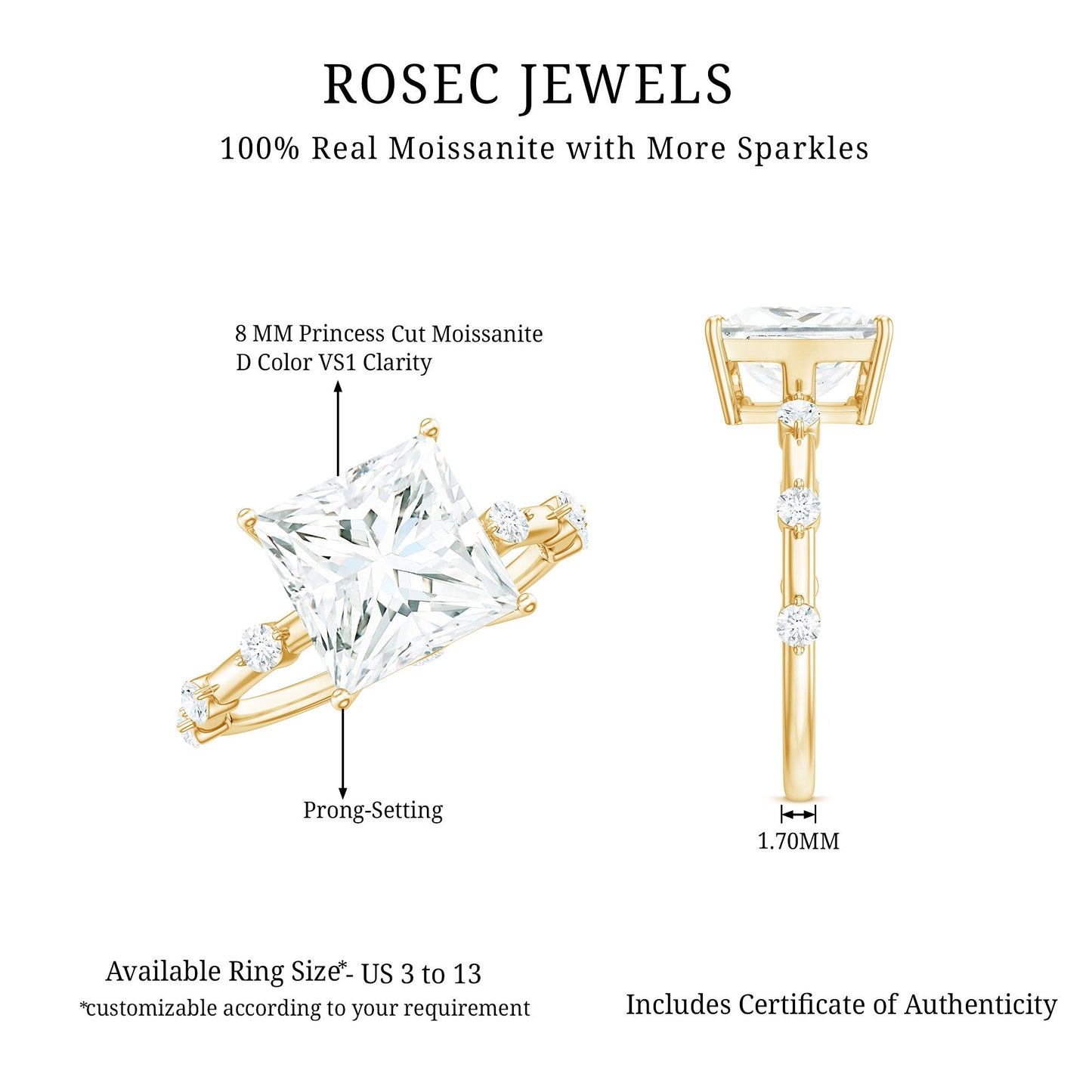 8X8 MM Princess Cut Certified Moissanite Solitaire Engagement Ring