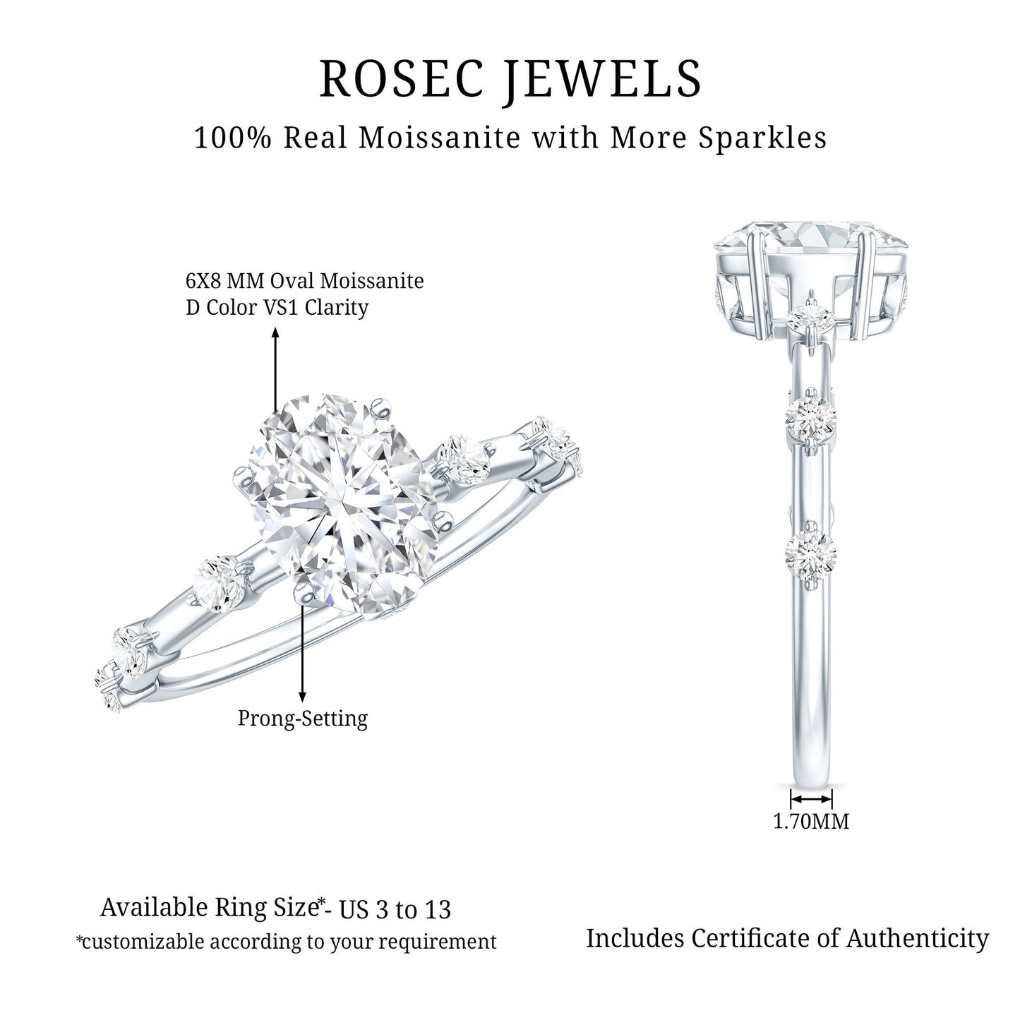 Certified 6X8 MM Oval Moissanite Solitaire Engagement Ring