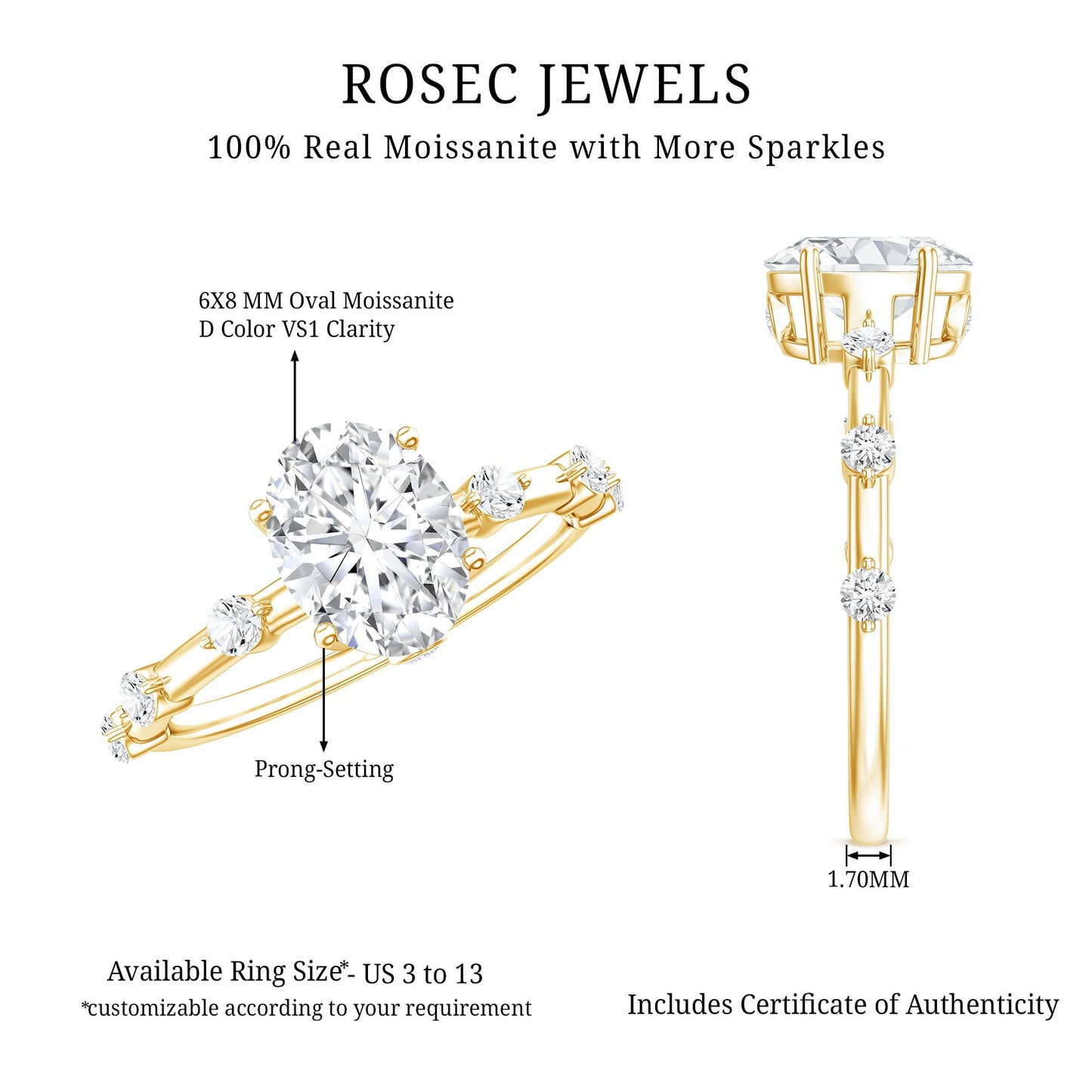 Certified 6X8 MM Oval Moissanite Solitaire Engagement Ring