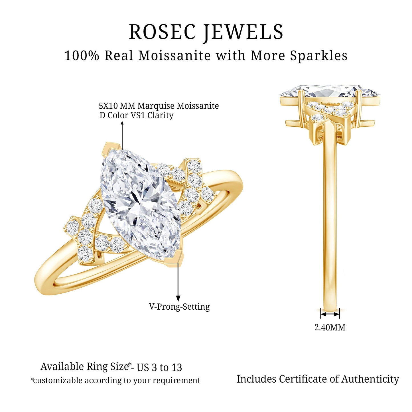 5X10 MM Moissanite Marquise Engagement Ring in Split Shank