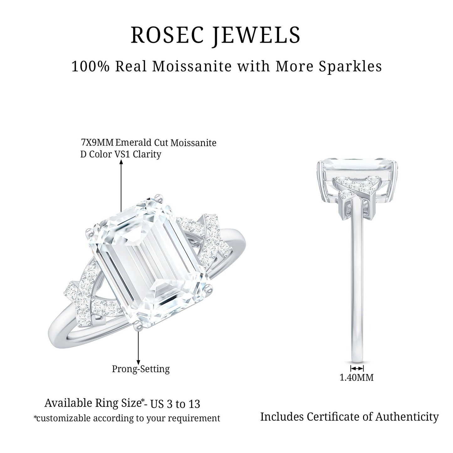 7x9mm Emerald Cut Certified Moissanite Solitaire Engagement Ring