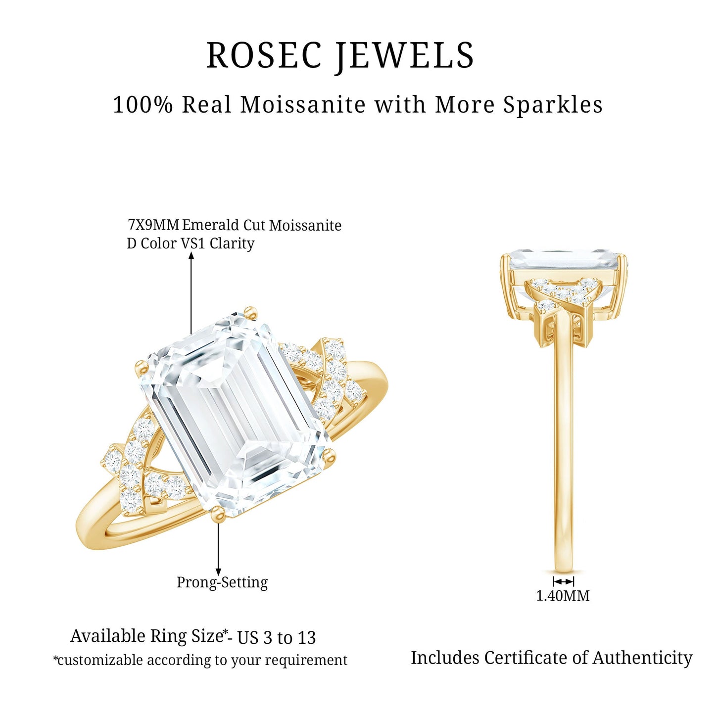 7x9mm Emerald Cut Certified Moissanite Solitaire Engagement Ring